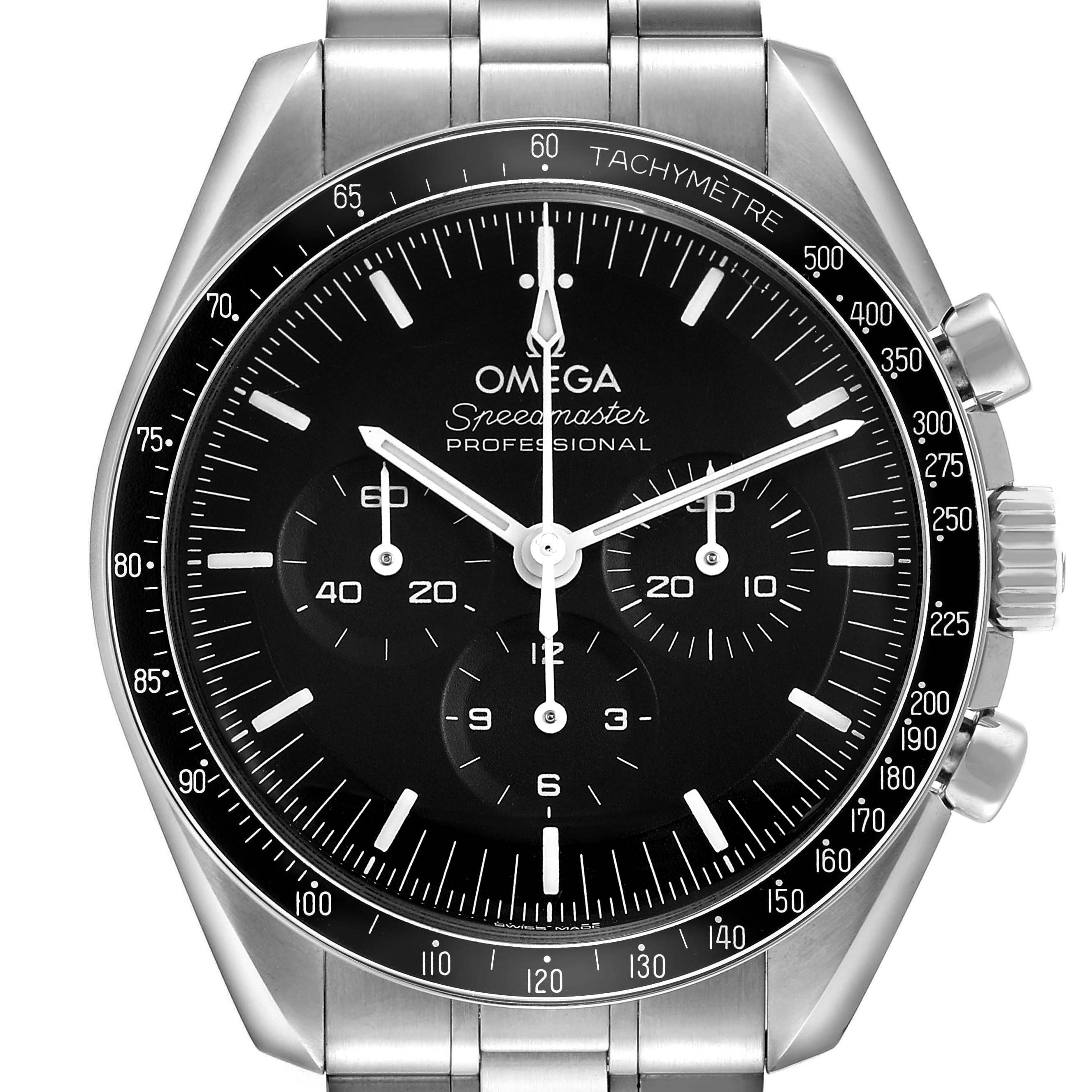 The image shows a front view of the Omega Speedmaster 310.30.42.50.01.001 Men's Stainless Steel Black Dial watch, capturing the dial, bezel, and chronograph elements.