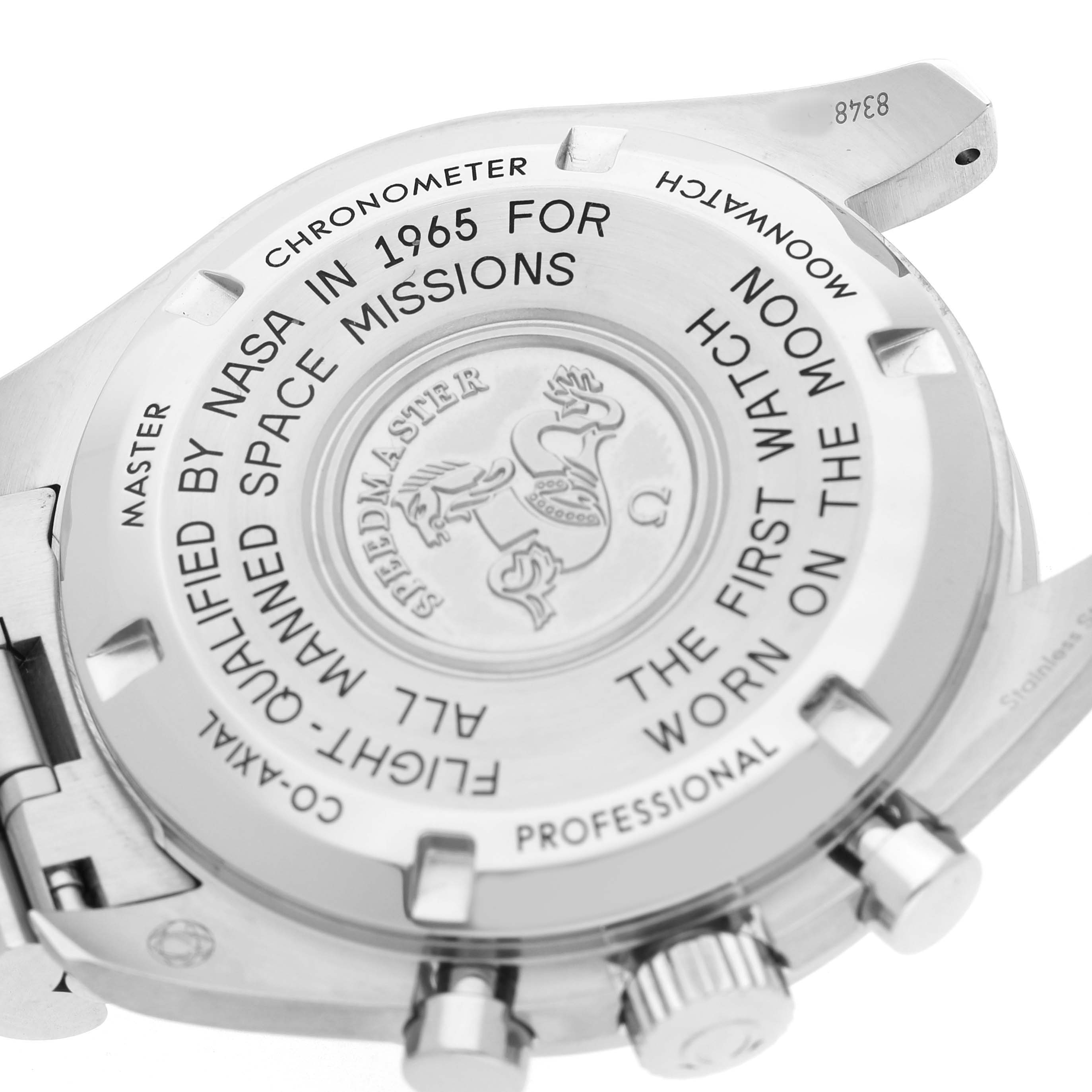 The image shows the back case of an Omega Speedmaster 310.30.42.50.01.001 Men's Stainless Steel Black Dial, highlighting its engravings and branding.