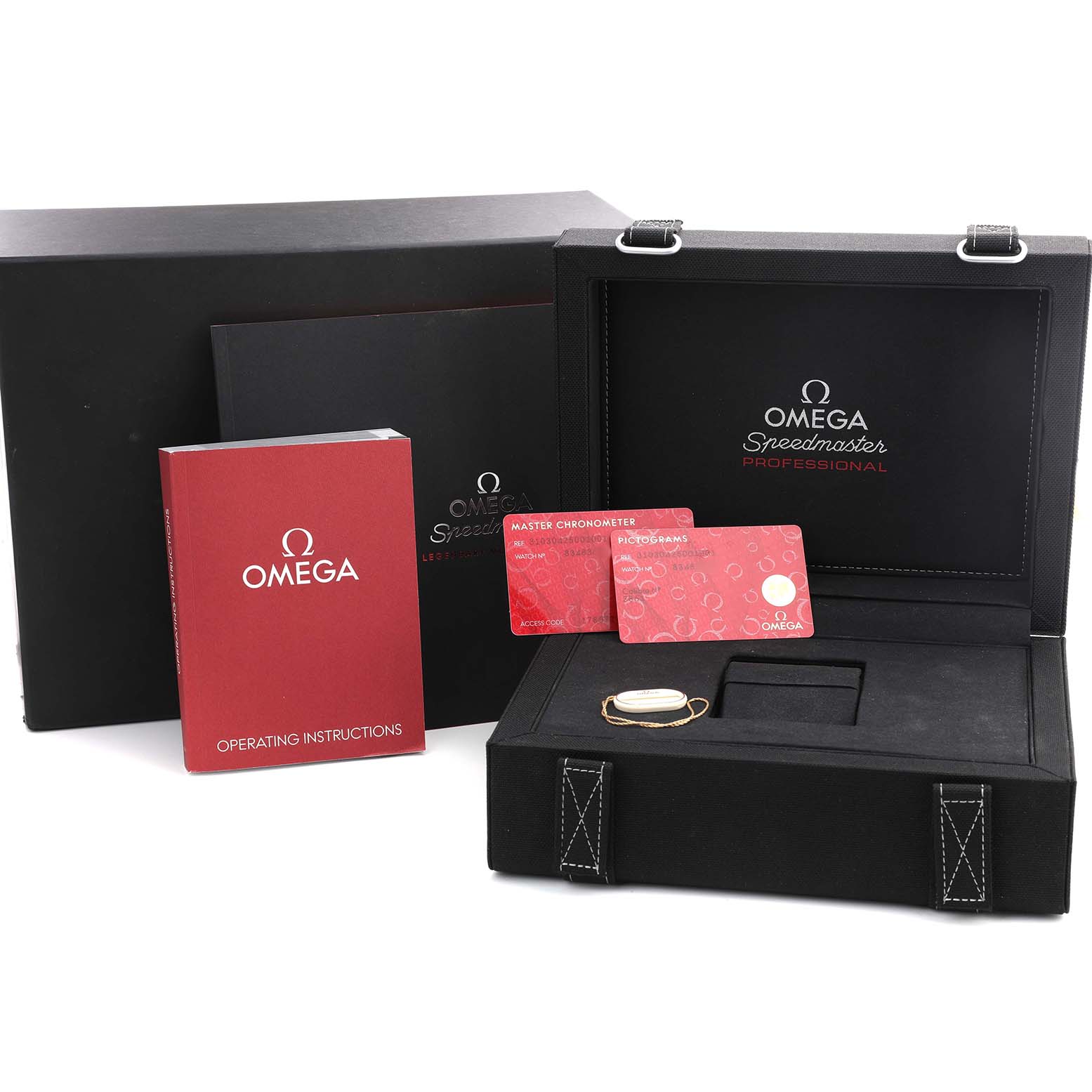 The image shows the Omega Speedmaster 310.30.42.50.01.001 Men's Stainless Steel Black Dial model's packaging, including the box, instruction manual, and certification cards.
