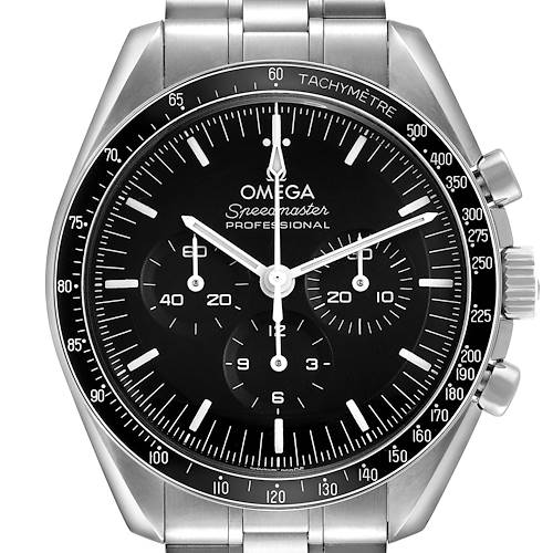 The Omega Speedmaster 310.30.42.50.01.001 Men's Stainless Steel Black Dial watch is shown from the front, displaying the face, bezel, and pushers.