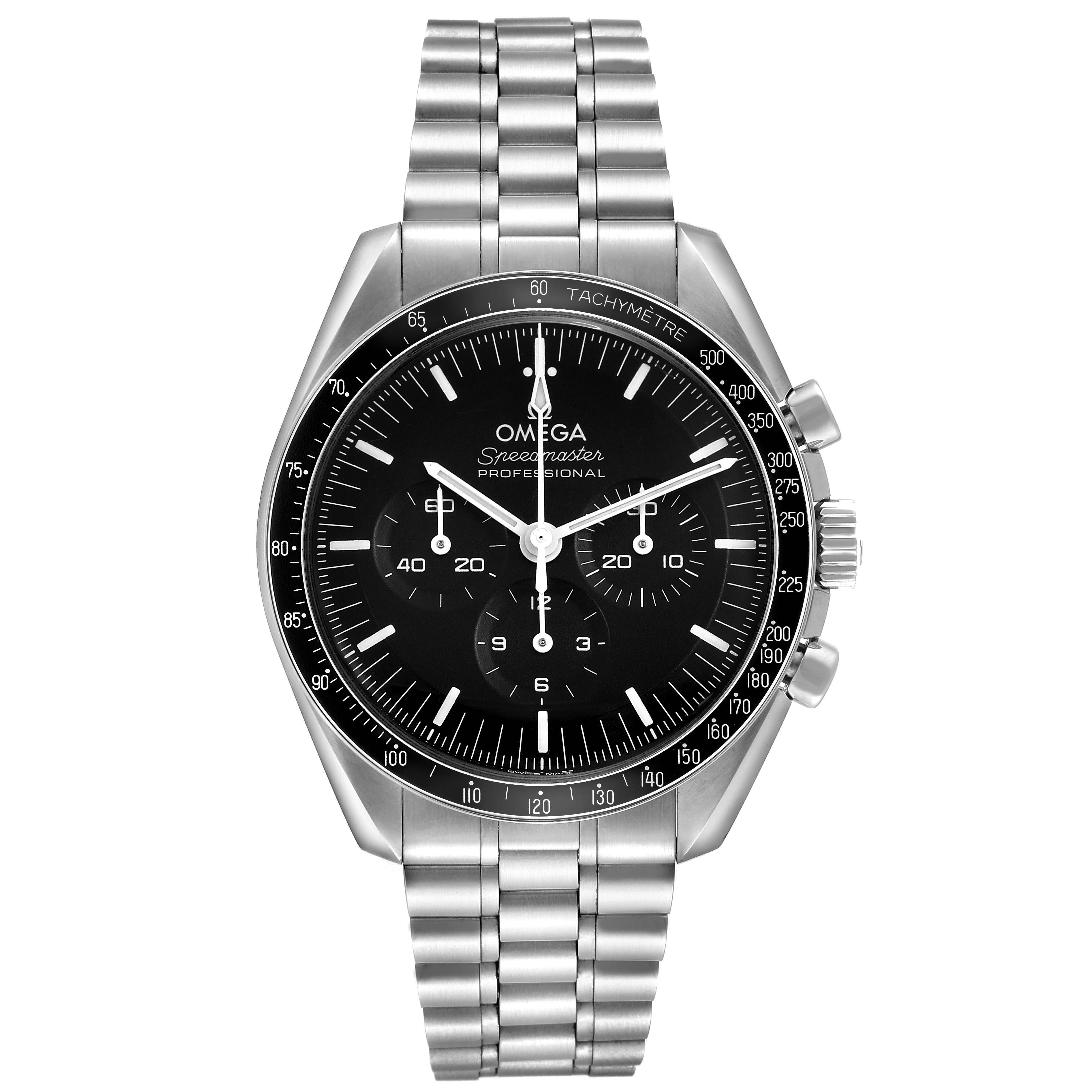 The Omega Speedmaster 310.30.42.50.01.001 Men's Stainless Steel Black Dial watch is shown from a frontal angle, displaying the bezel, dial, hands, and stainless steel bracelet.