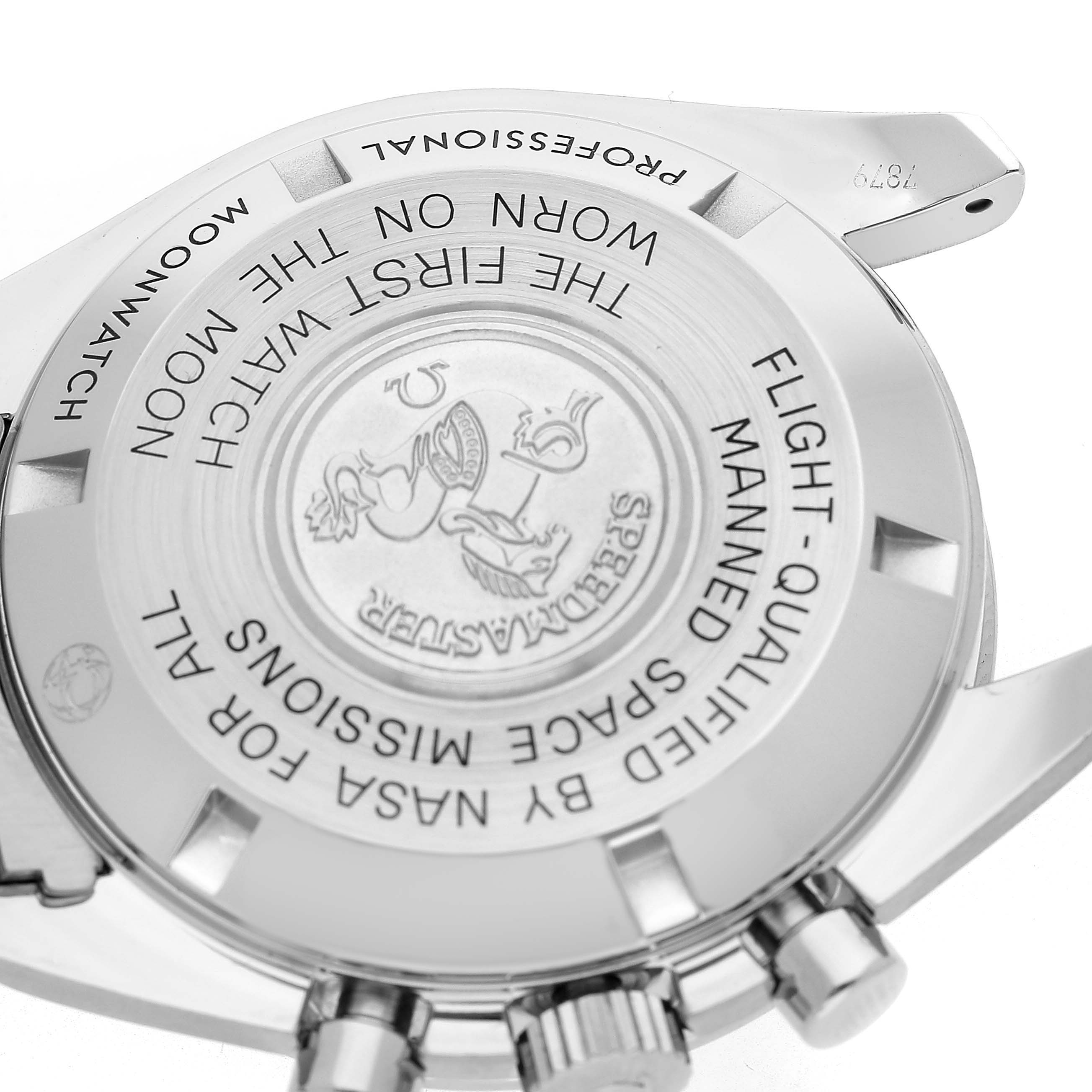 The image shows the case back of an Omega Speedmaster 311.30.42.30.01.005 Men's Stainless Steel Black Dial, highlighting engravings and the crown.