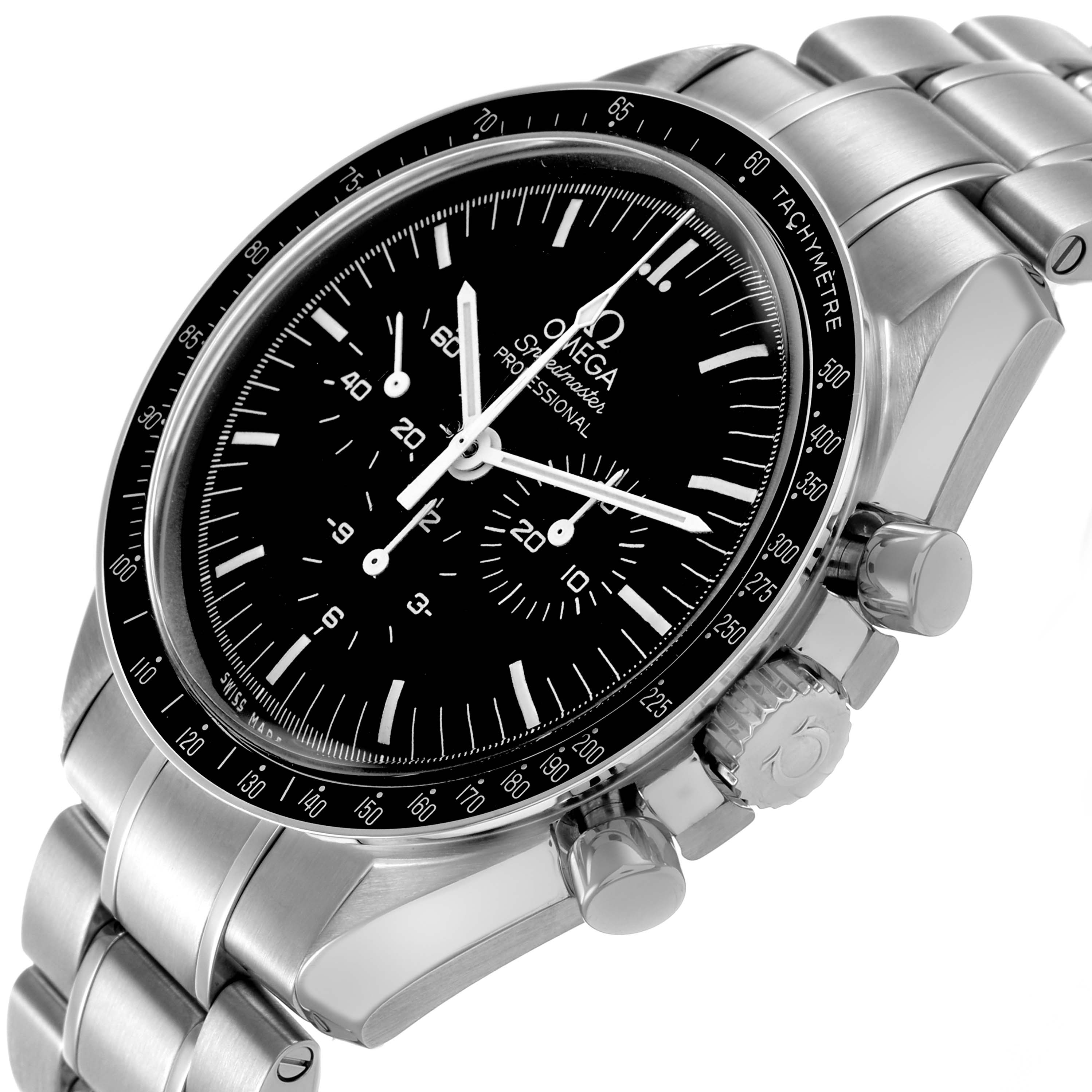 The Omega Speedmaster 311.30.42.30.01.005 Men's Stainless Steel Black Dial watch is shown at a tilted angle, highlighting the dial, tachymeter bezel, crown, and pushers.