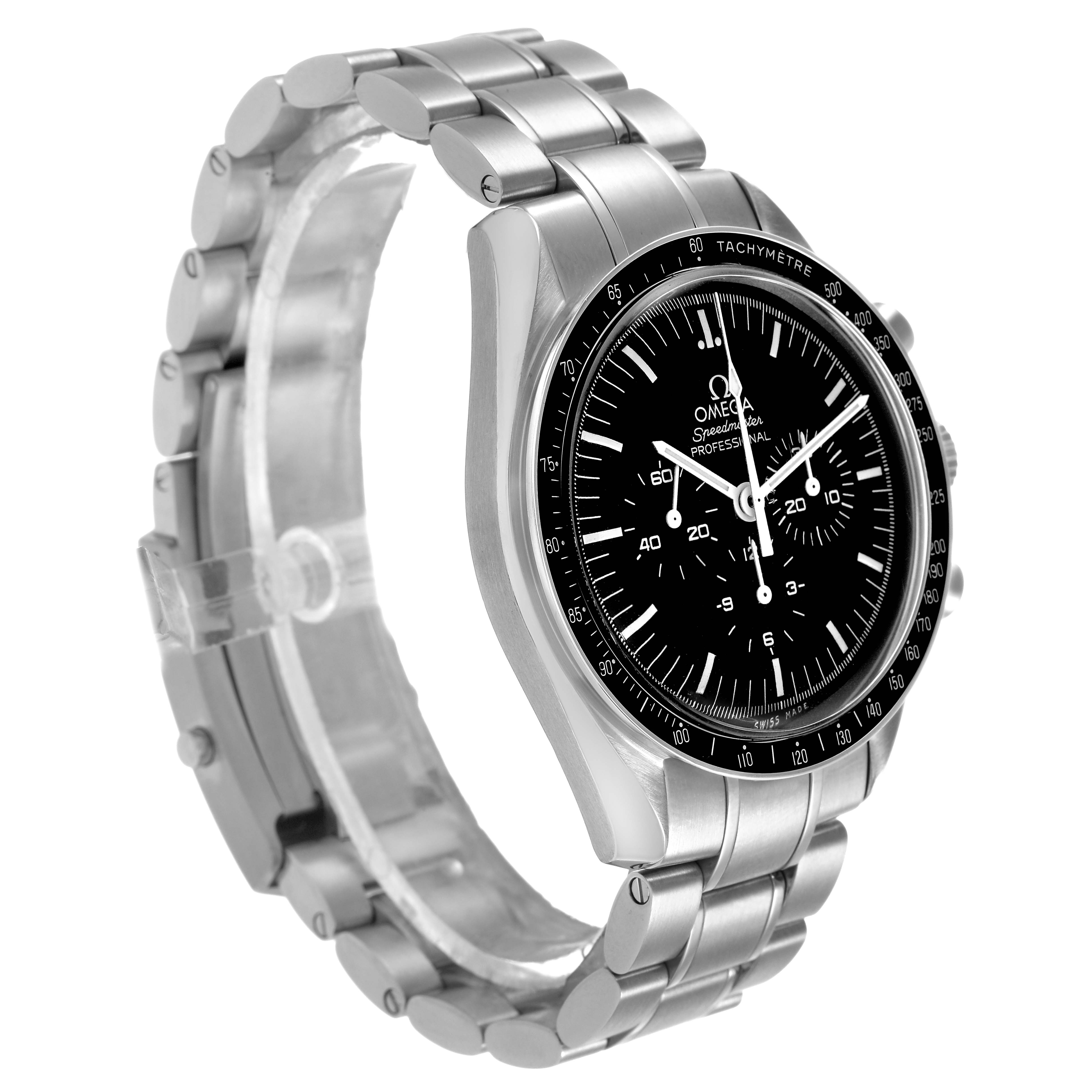 The image shows the Omega Speedmaster 311.30.42.30.01.005 Men's Stainless Steel Black Dial watch at a slight angle, highlighting its face, bezel, and stainless steel bracelet.