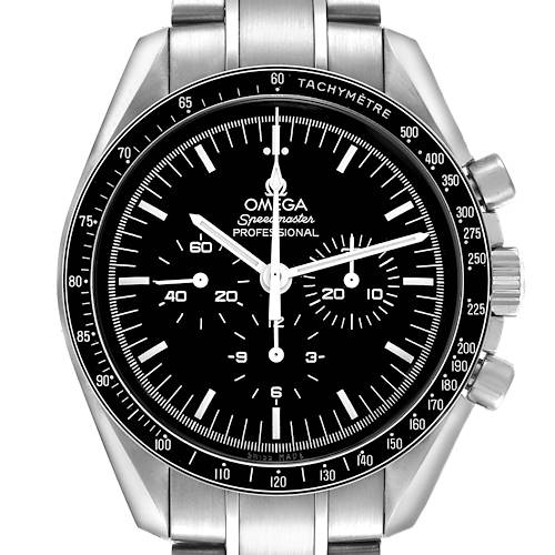 The Omega Speedmaster 311.30.42.30.01.005 Men's Stainless Steel Black Dial watch is shown from a front angle, displaying its face, tachymeter bezel, and stainless steel bracelet.