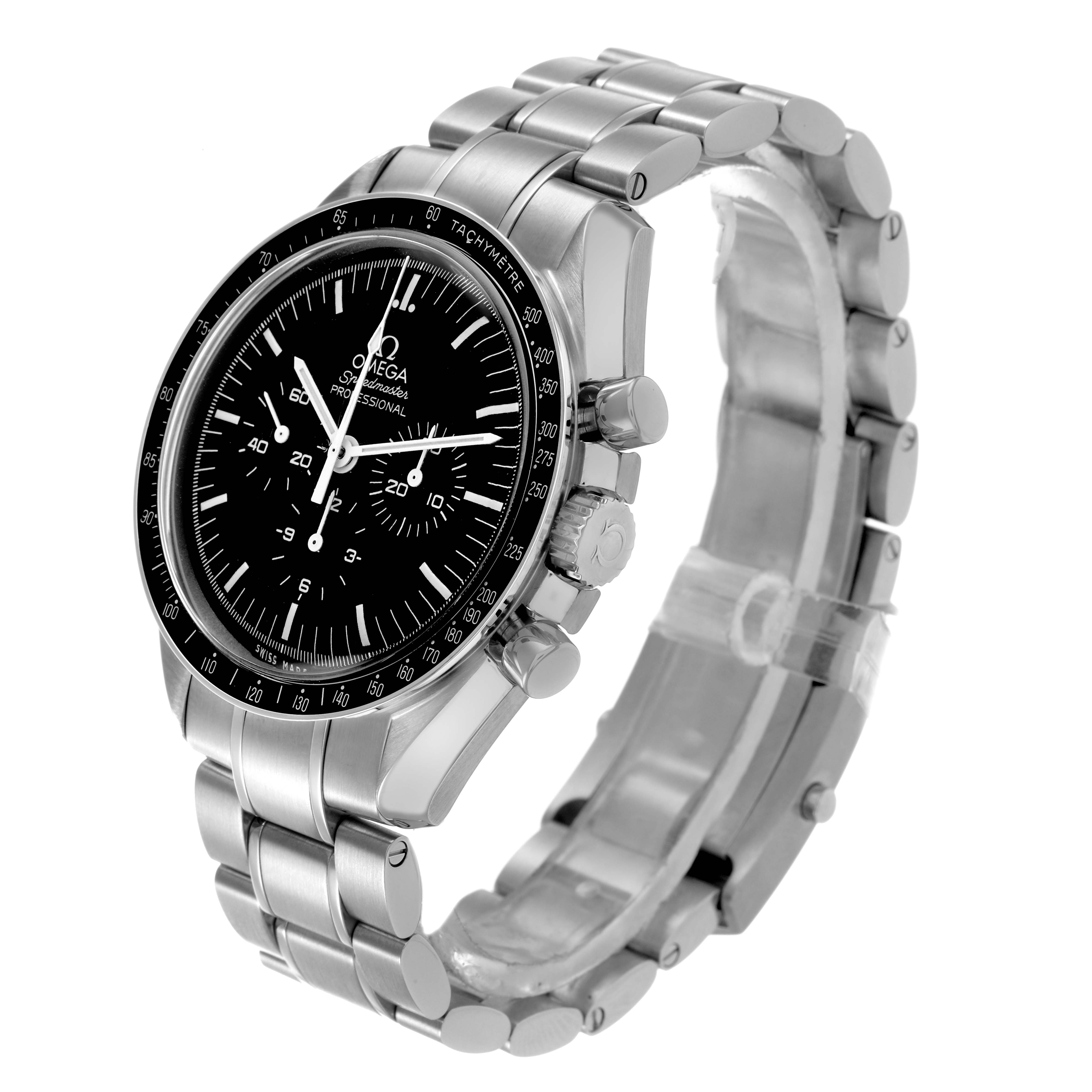 The Omega Speedmaster 311.30.42.30.01.005 Men's Stainless Steel Black Dial watch is shown at a three-quarter angle, highlighting the face, bezel, crown, pushers, and bracelet.