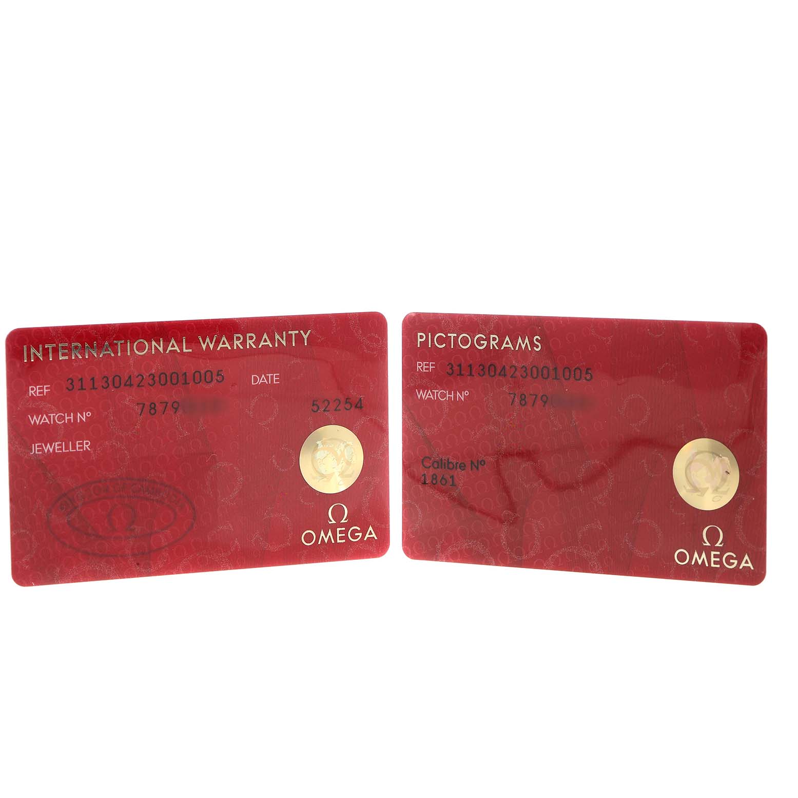 The image shows two red warranty and pictogram cards for an Omega Speedmaster 311.30.42.30.01.005 Men's Stainless Steel Black Dial watch, viewed from the front.