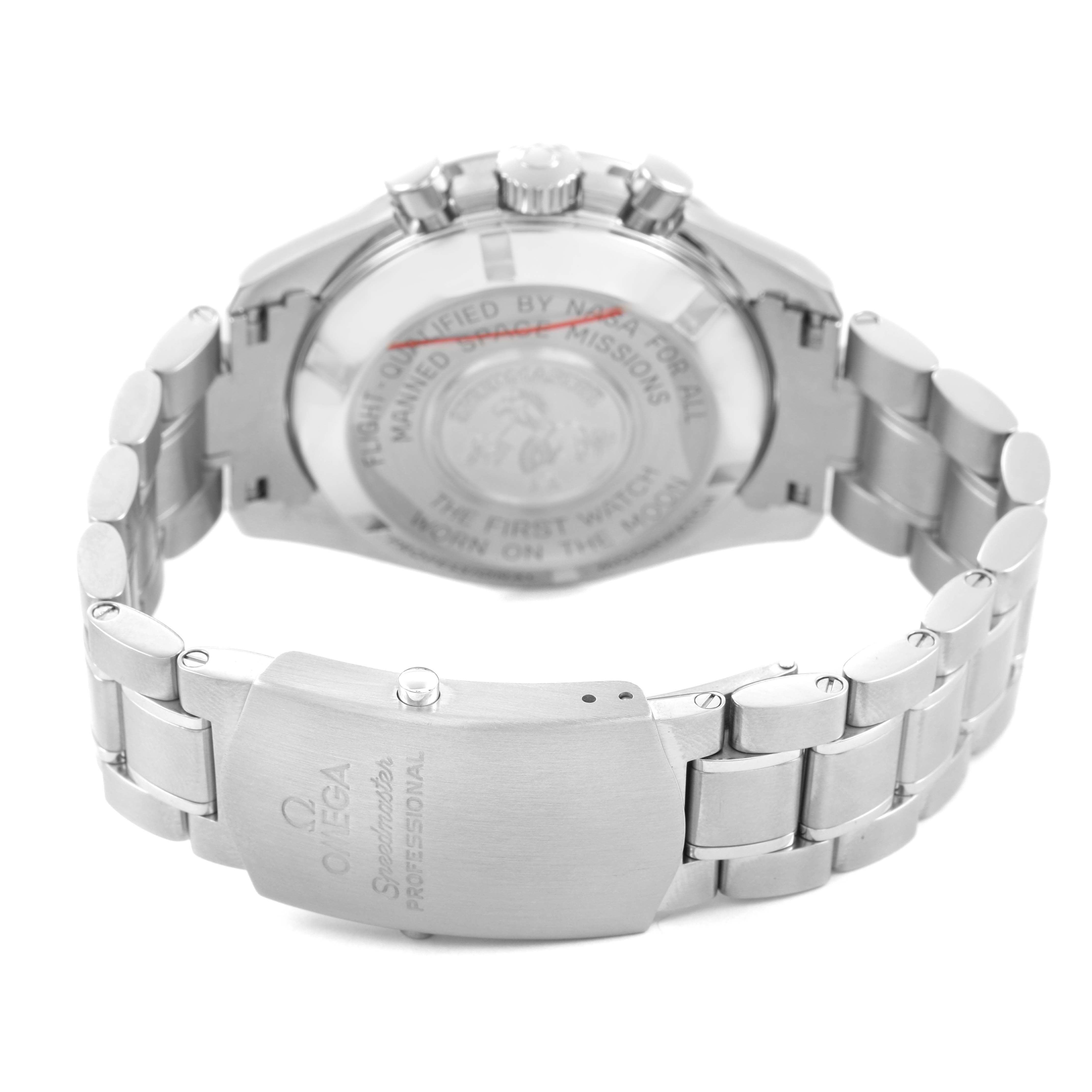 The image shows the back case and bracelet of an Omega Speedmaster 311.30.42.30.01.005 Men's Stainless Steel Black Dial watch from a rear angle.