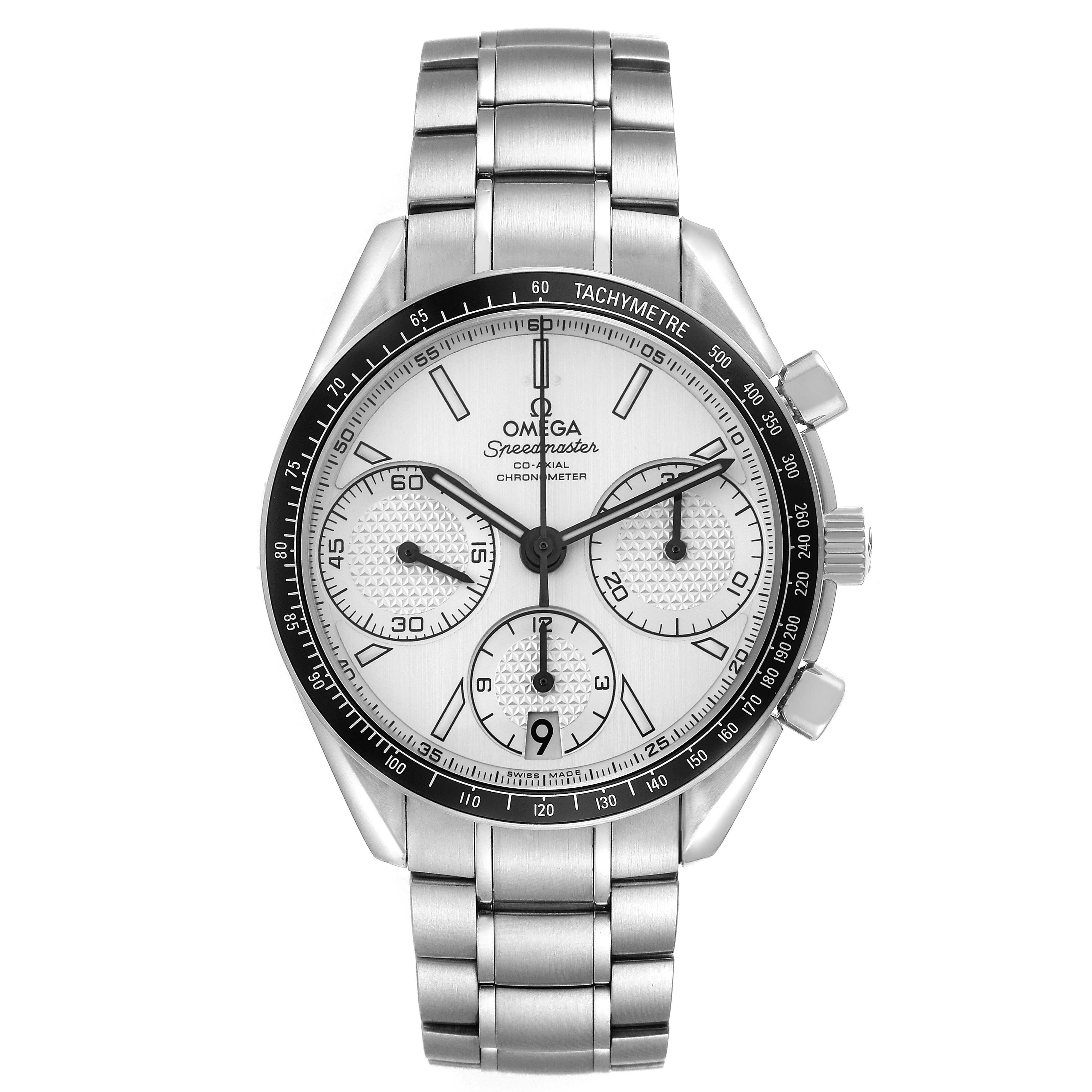 The Omega Speedmaster model 326.30.40.50.02.001 is shown from a top view, displaying its stainless steel bracelet, tachymeter bezel, and chronograph subdials.