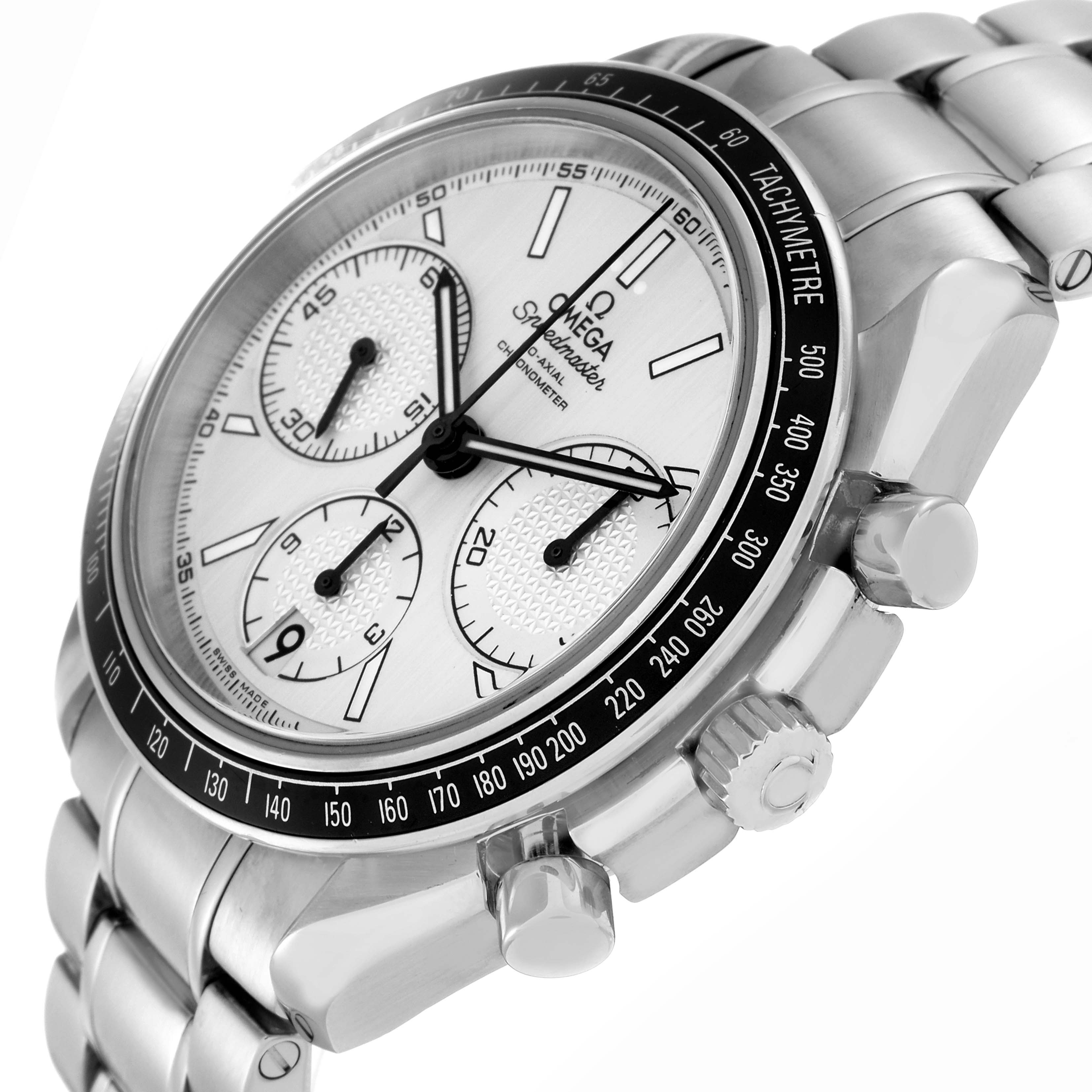The Omega Speedmaster model 326.30.40.50.02.001 is shown from a low angle, displaying the tachymeter bezel, subdials, crown, and part of the bracelet.