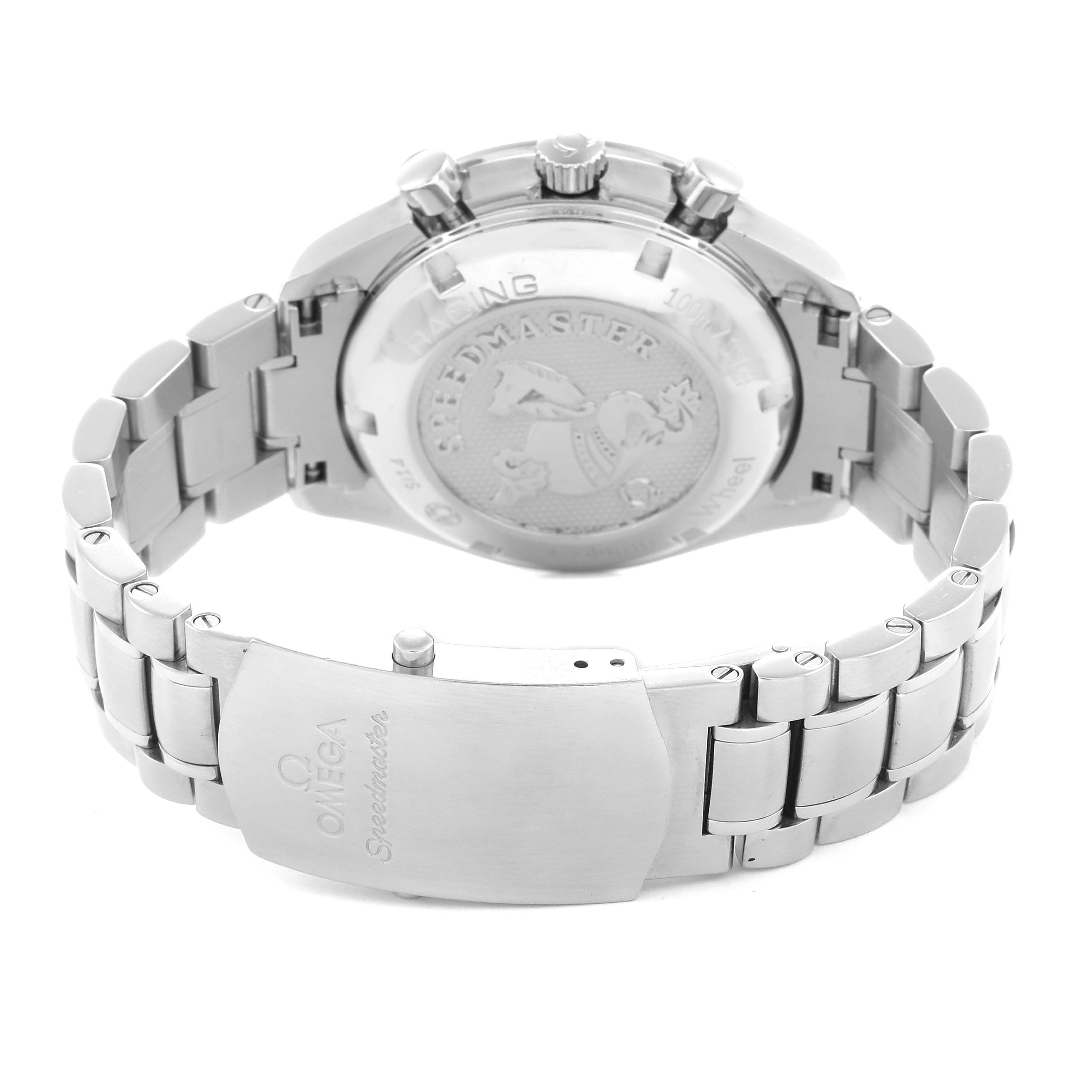 The image shows the back case and bracelet of an Omega Speedmaster model 326.30.40.50.02.001 men's watch from a rear angle.