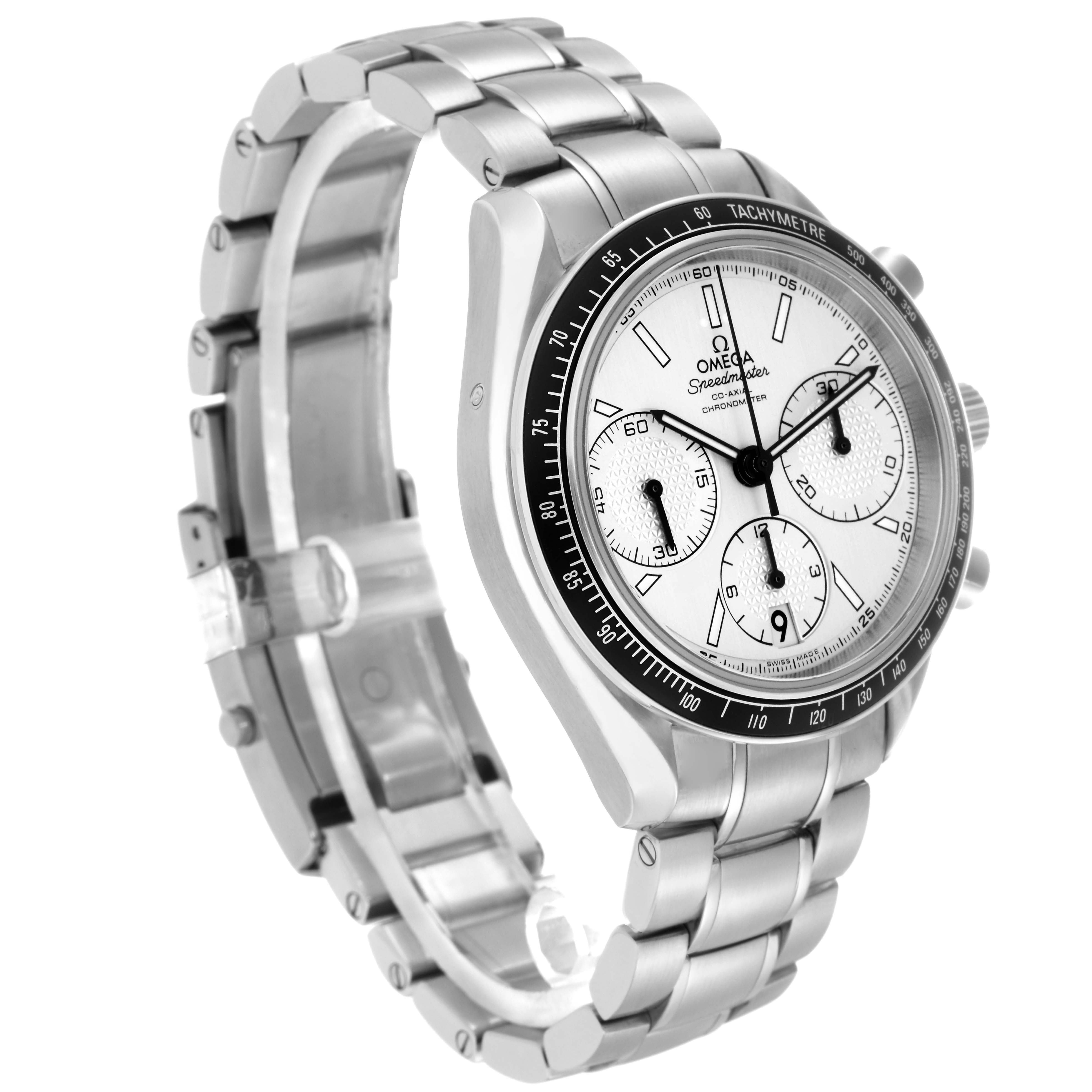 The Omega Speedmaster model 326.30.40.50.02.001 is shown at a three-quarter angle, illustrating the watch face, chronograph subdials, bezel, and bracelet.