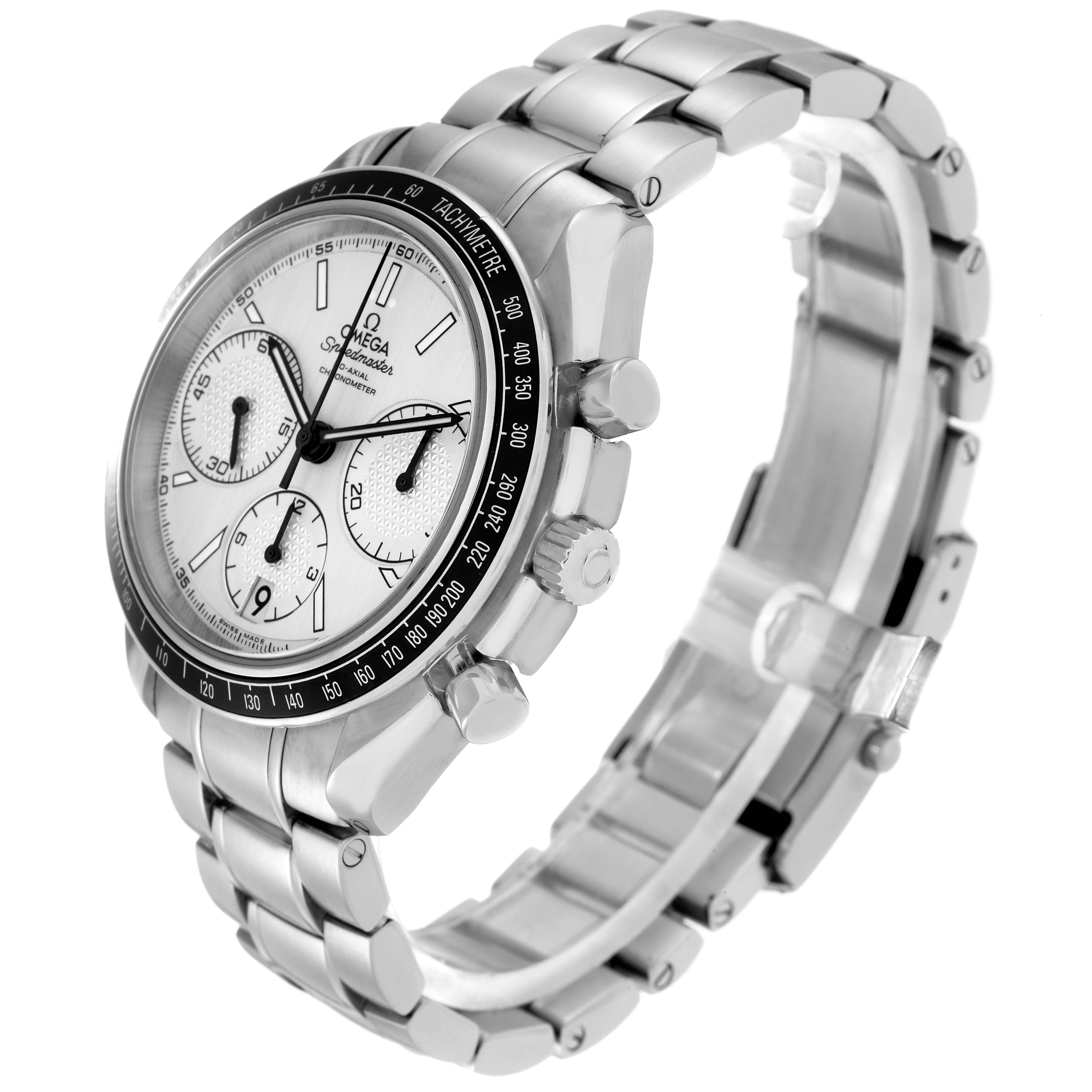 The Omega Speedmaster model 326.30.40.50.02.001 is shown at a three-quarter angle, highlighting the case, dial, tachymeter bezel, and metal bracelet.