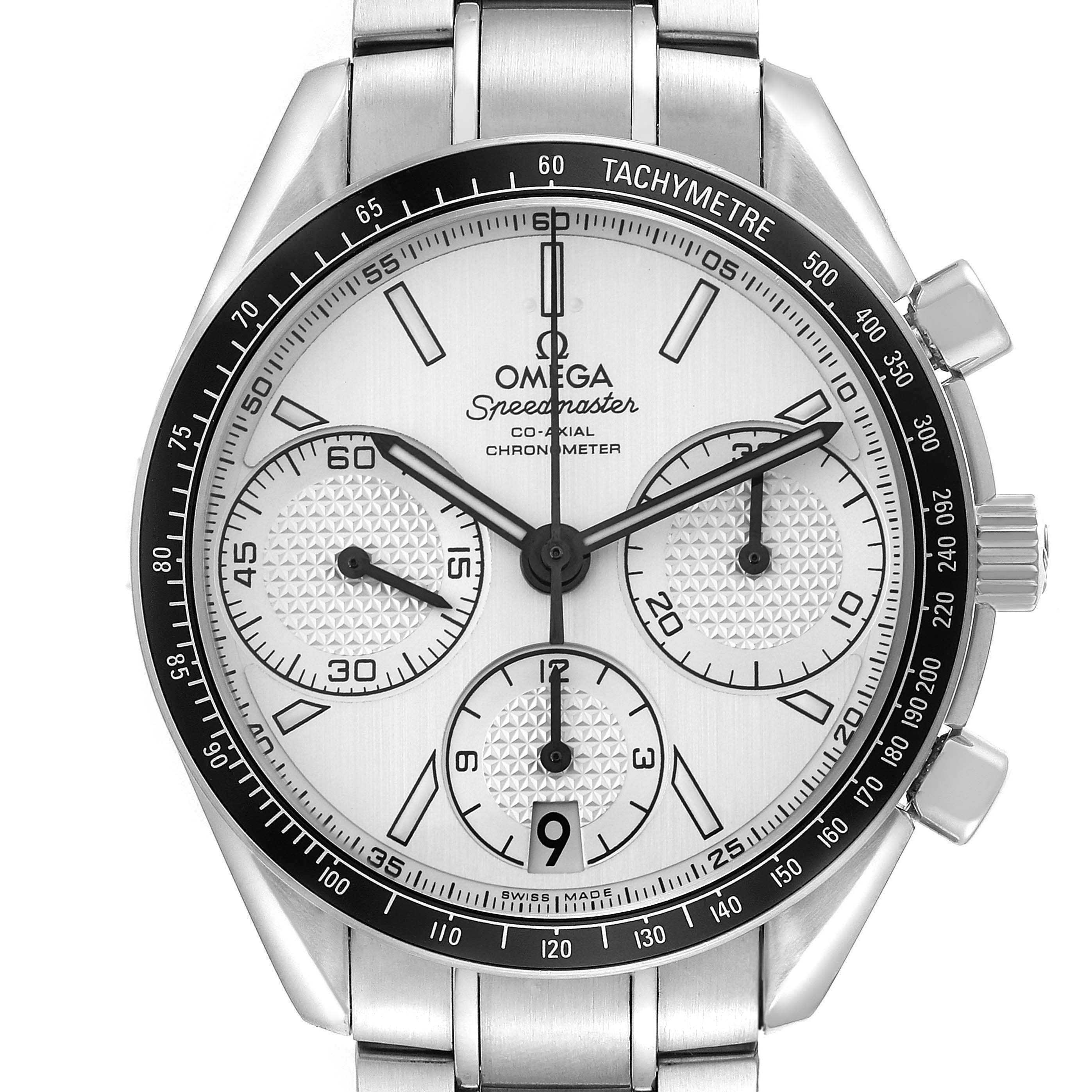 The Omega Speedmaster model 326.30.40.50.02.001 is shown from the front, featuring its bezel, dial, subdials, hands, crown, and part of the stainless steel band.