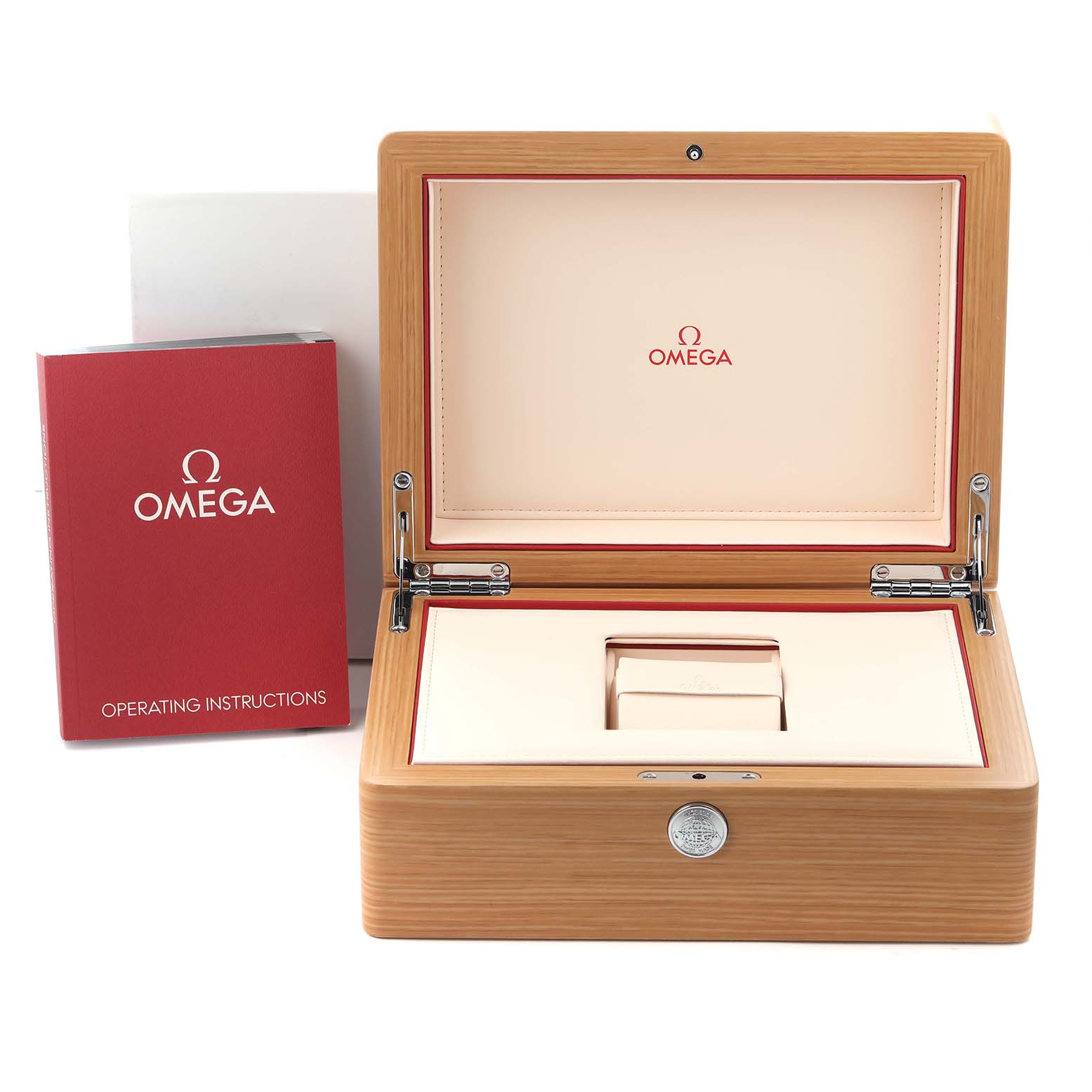 The image shows an open Omega watch box and a red operating instructions booklet for the Omega Speedmaster model 326.30.40.50.02.001 men's watch.