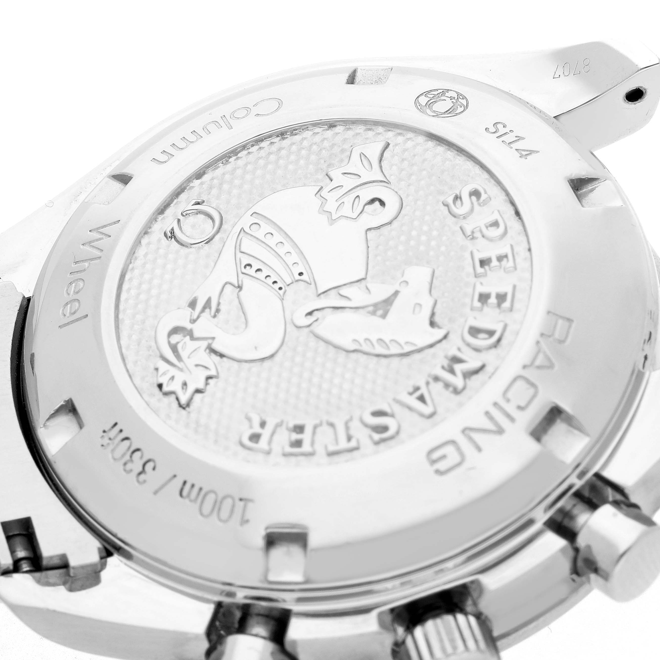 The image shows the case back of the Omega Speedmaster model 326.30.40.50.02.001, featuring its emblem and detailing, viewed at a close angle.