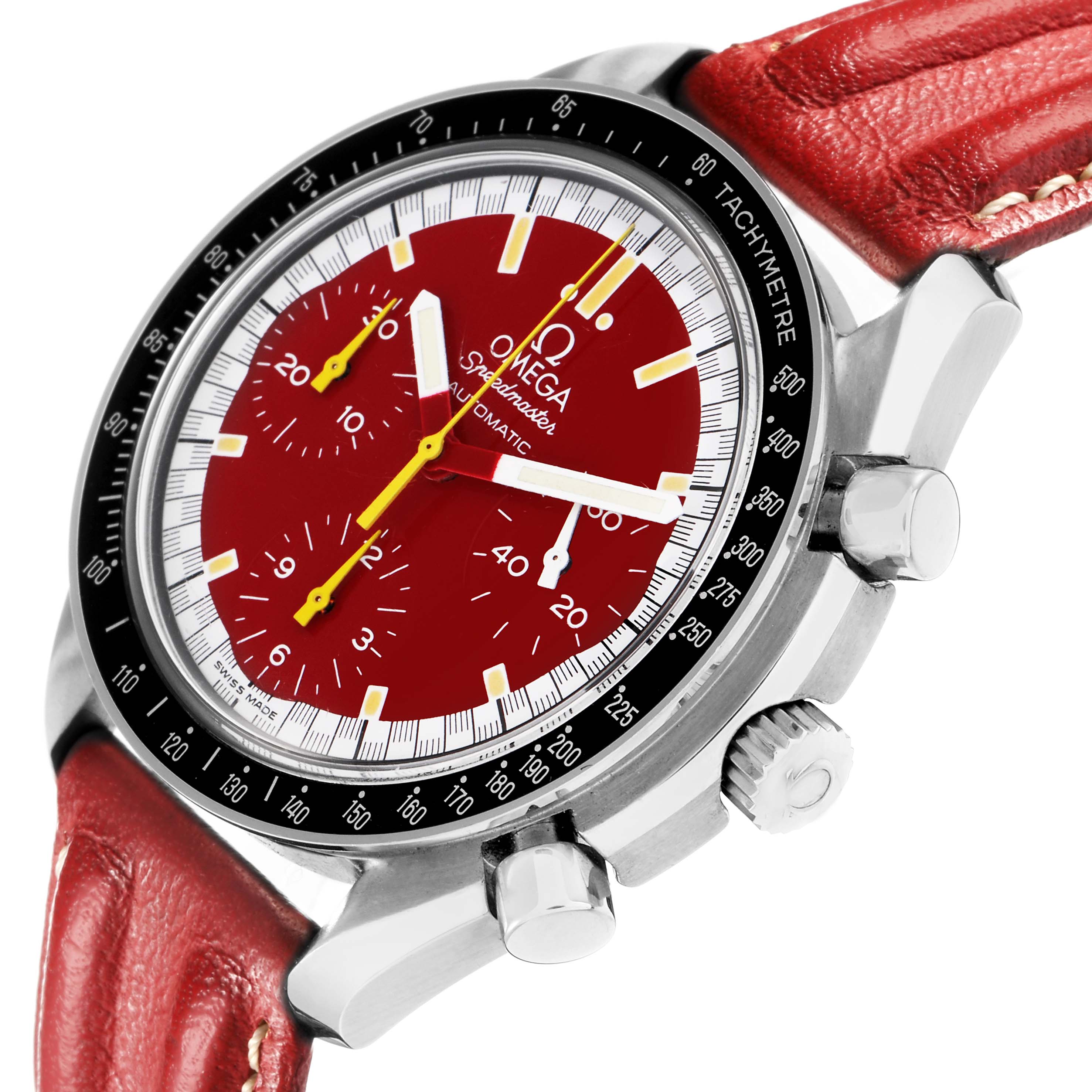 The Omega Speedmaster model 3810.61.41 is shown at an angle highlighting the red dial, bezel, crown, chronograph pushers, and red strap.