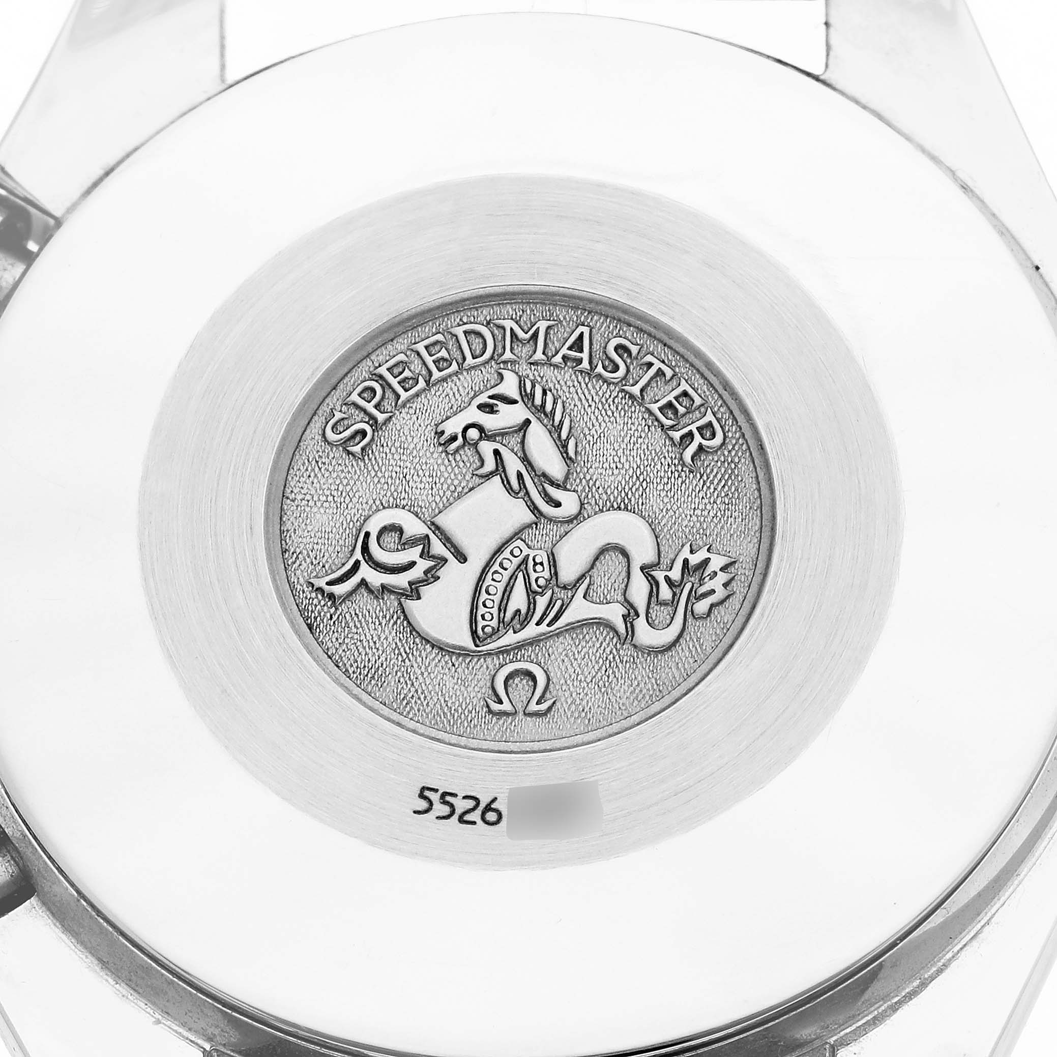 The image shows the case back of an Omega Speedmaster, model number 3810.61.41, displaying the engraved emblem and design details.