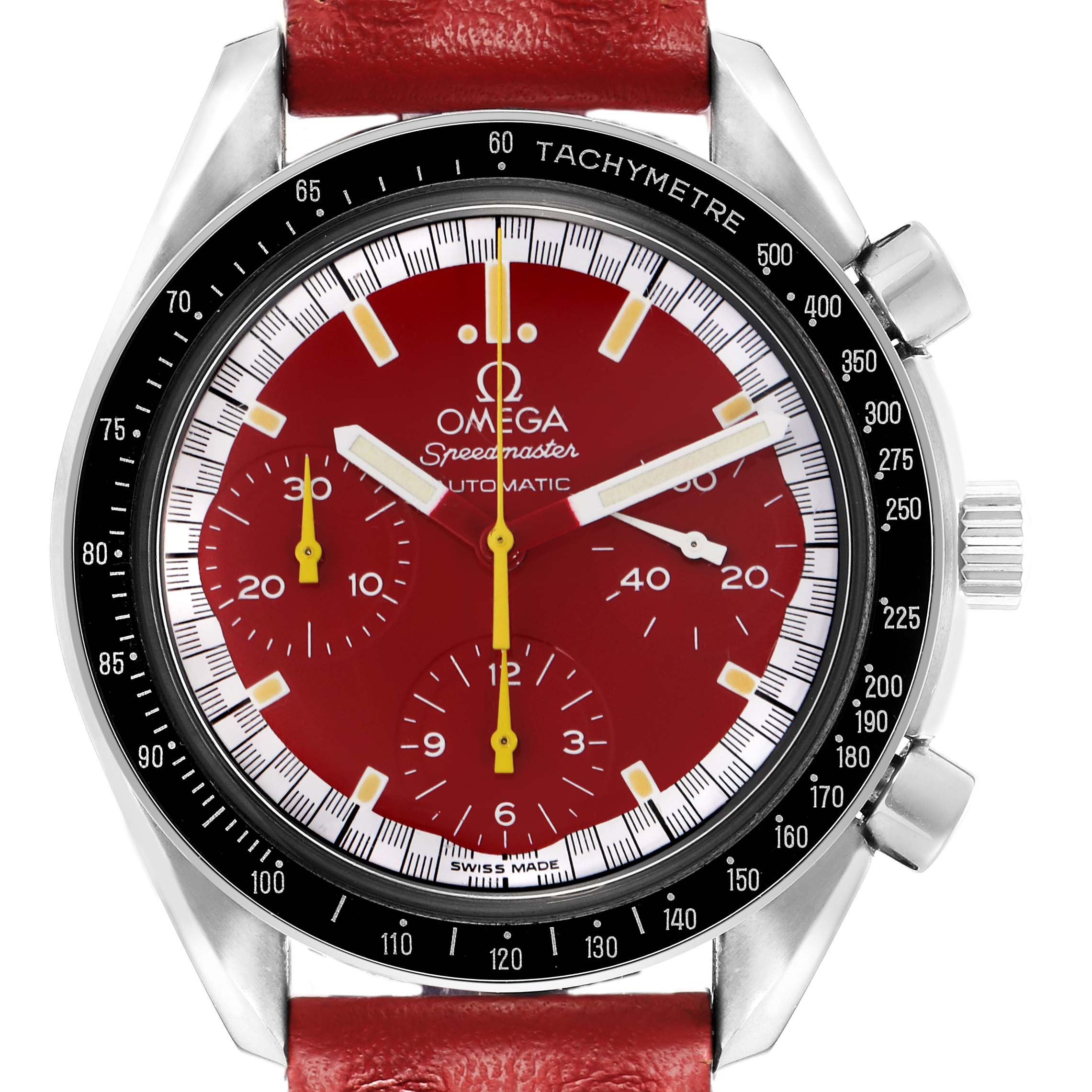 The Omega Speedmaster model 3810.61.41 is shown from the front, displaying the dial, bezel, chronograph sub-dials, and red leather strap, with visible crown and pushers.