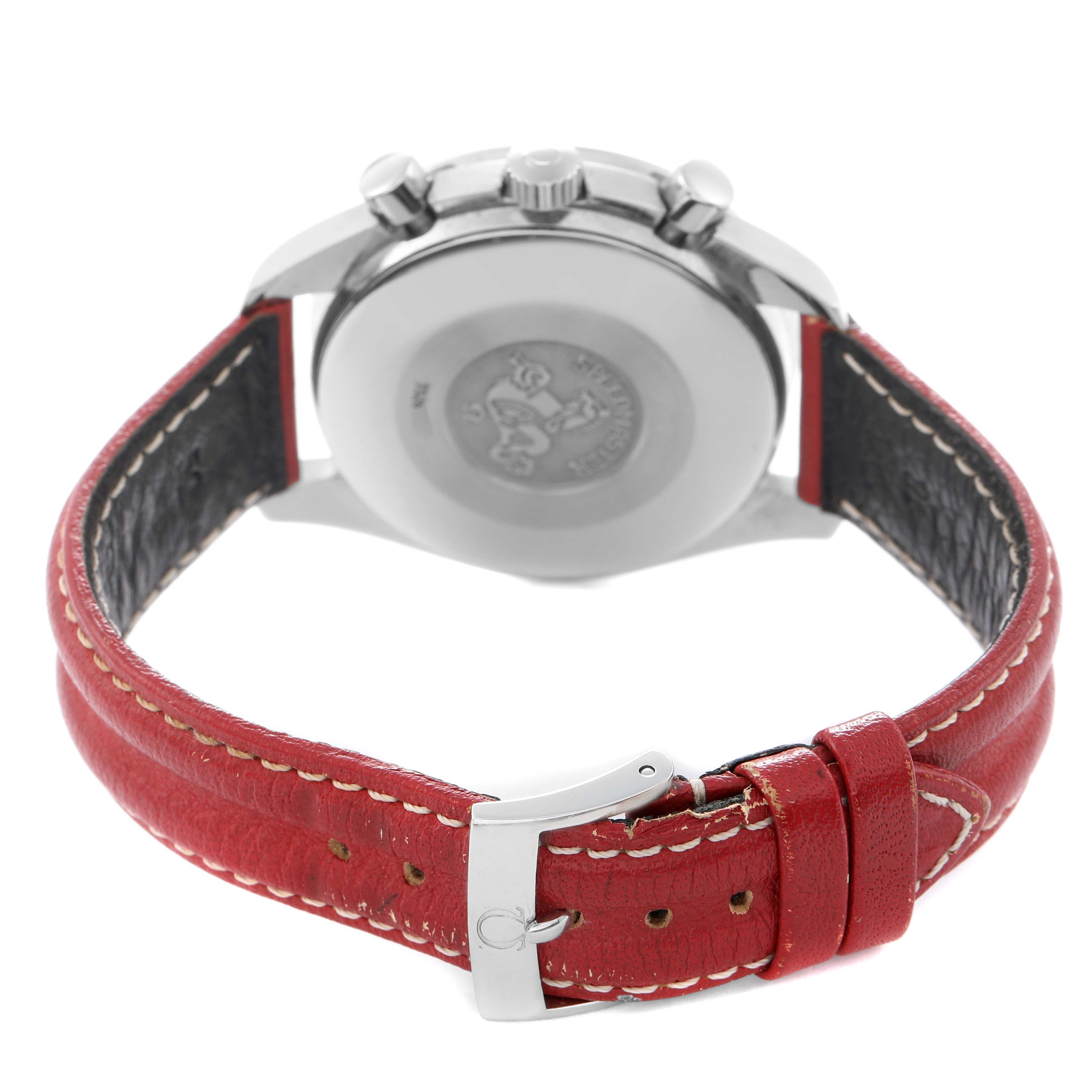 The image shows the case back and side profile of the Omega Speedmaster model 3810.61.41, with its red leather strap and buckle visible.