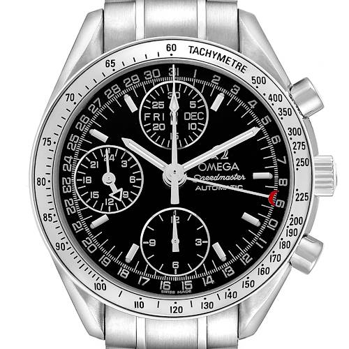 The Omega Speedmaster 3523.50.00 Men's Stainless Steel Black Dial watch is shown from the front, displaying the dial, subdials, tachymeter bezel, and bracelet clearly.