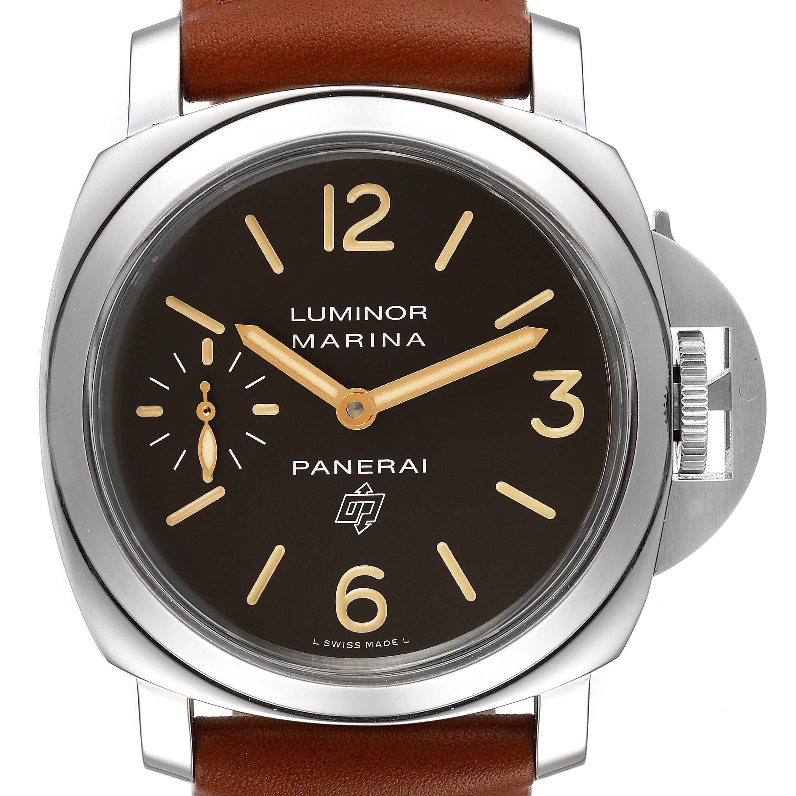 The image shows a front view of the Panerai Luminor PAM00632 Men
s Stainless Steel Brown Dial PAM00632 Men
s Stainless Steel Brown Dial watch, highlighting its brown dial, gold indices, and leather strap.