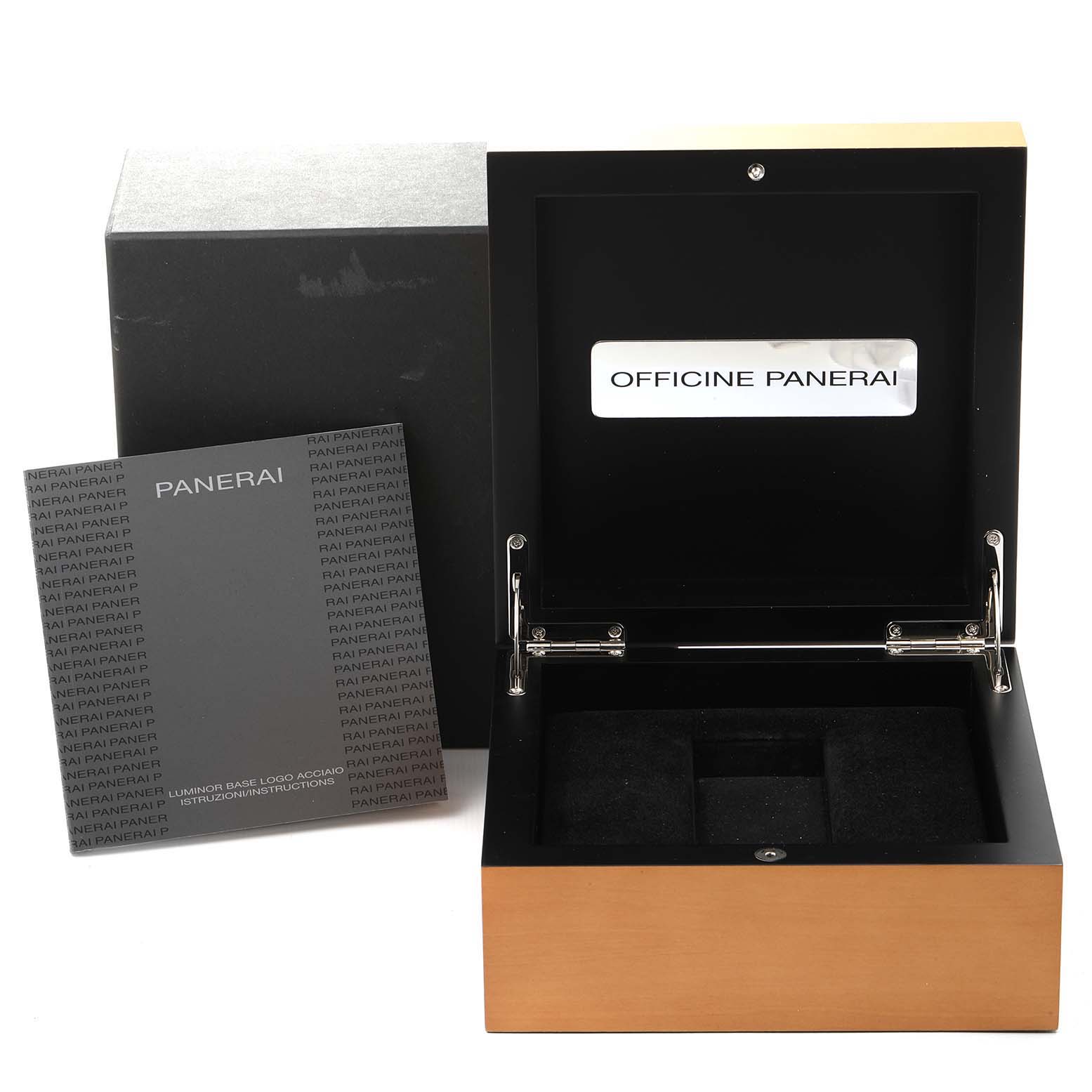 This image shows the open box and manual for a Panerai Luminor PAM00632 Men
s Stainless Steel Brown Dial PAM00632 Men
s Stainless Steel Brown Dial watch.