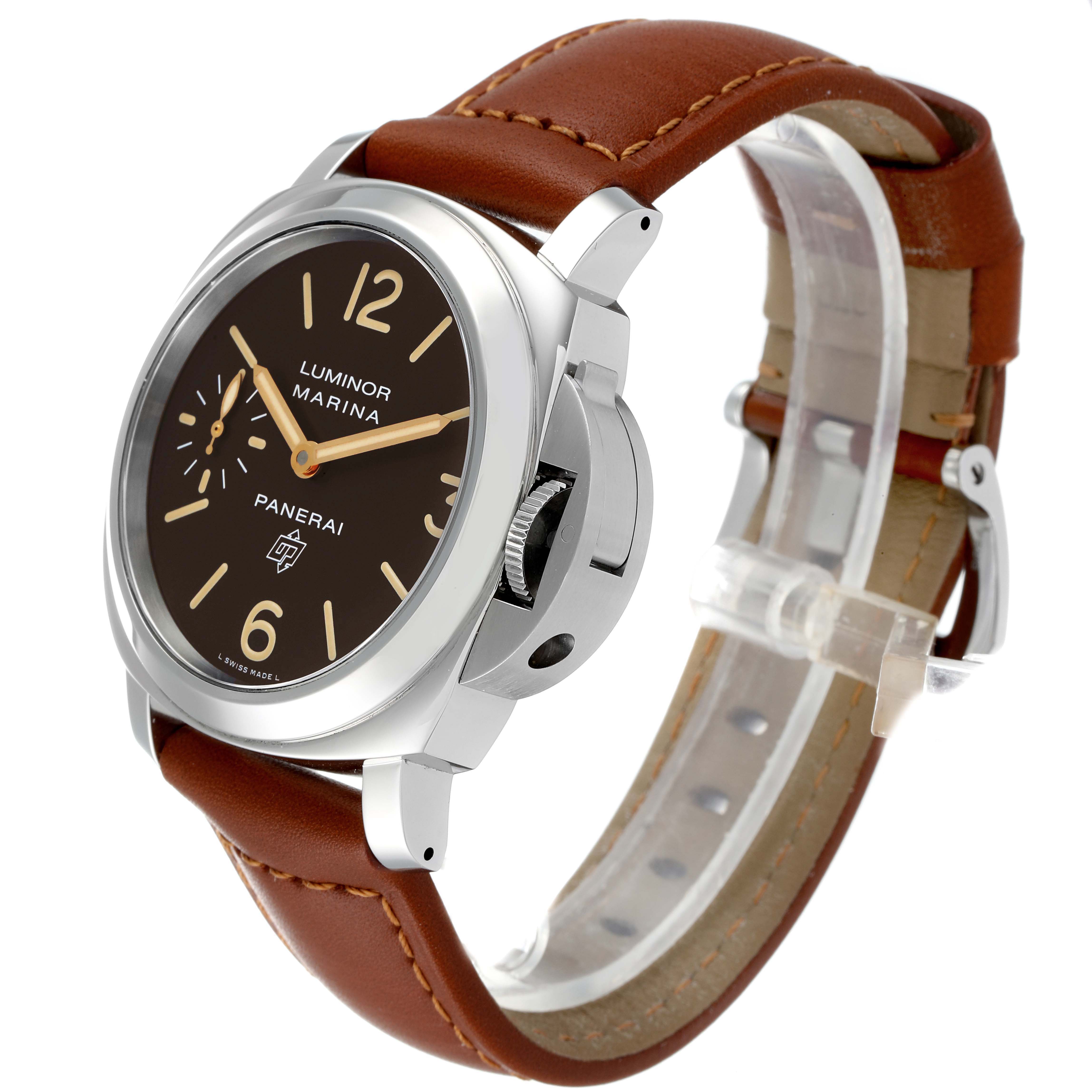 The image shows a Panerai Luminor PAM00632 Men
s Stainless Steel Brown Dial PAM00632 Men
s Stainless Steel Brown Dial watch at a slight angle, highlighting the brown dial, casing, and brown leather strap.