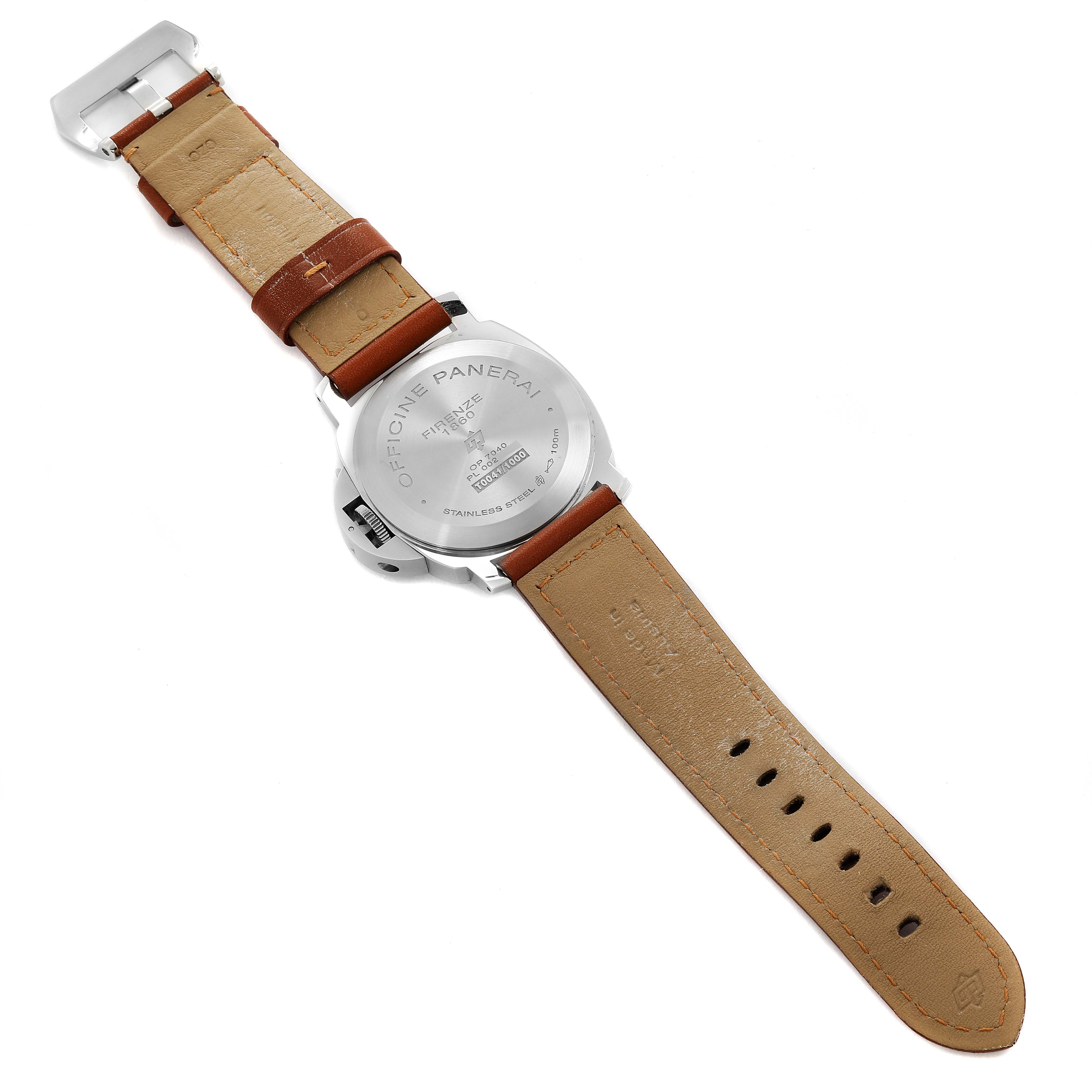 The image shows the back view of a Panerai Luminor PAM00632 Men
s Stainless Steel Brown Dial PAM00632 Men
s Stainless Steel Brown Dial watch, highlighting its case back, strap, and clasp.