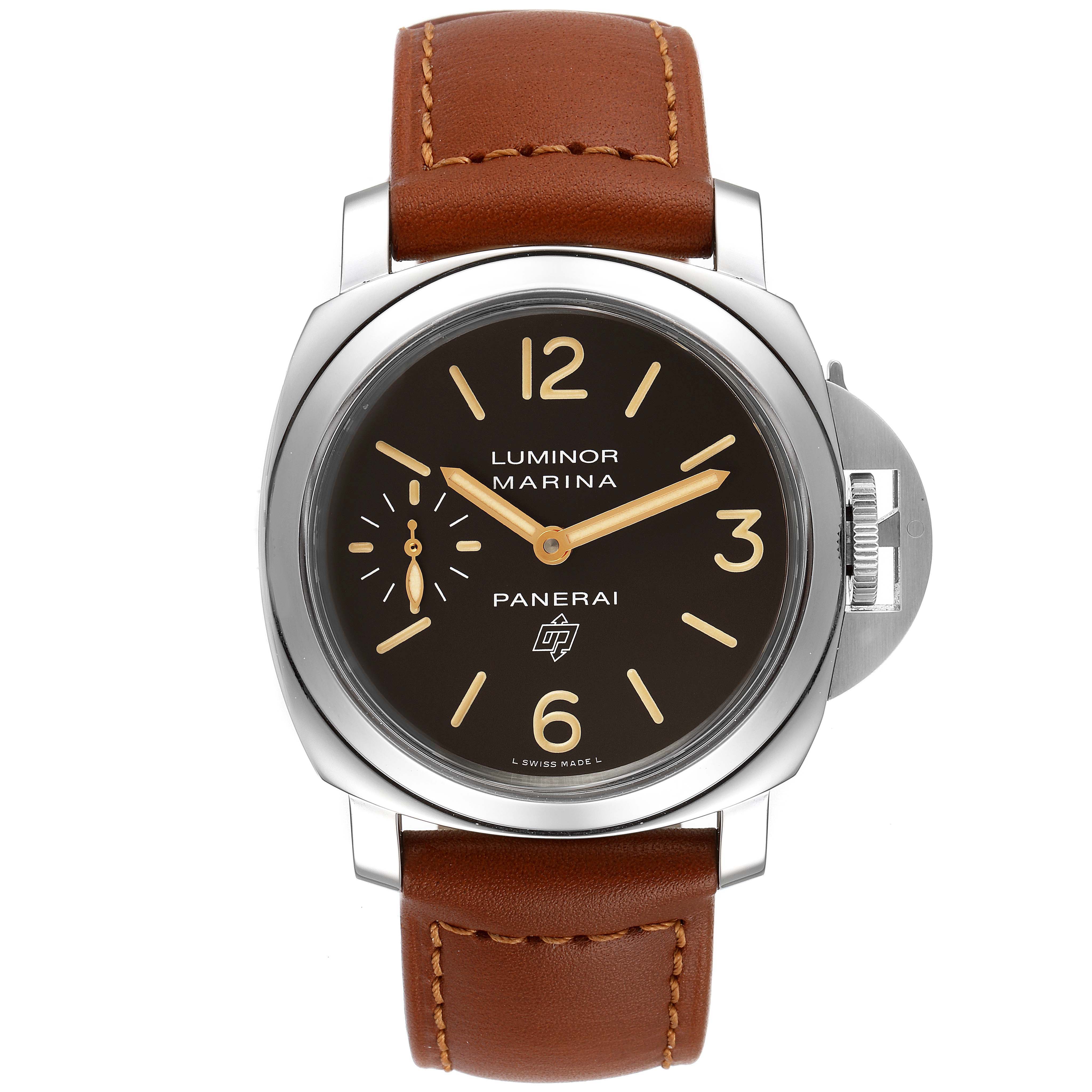The image shows a front view of a Panerai Luminor PAM00632 Men
s Stainless Steel Brown Dial PAM00632 Men
s Stainless Steel Brown Dial watch with a brown leather strap and a black dial.