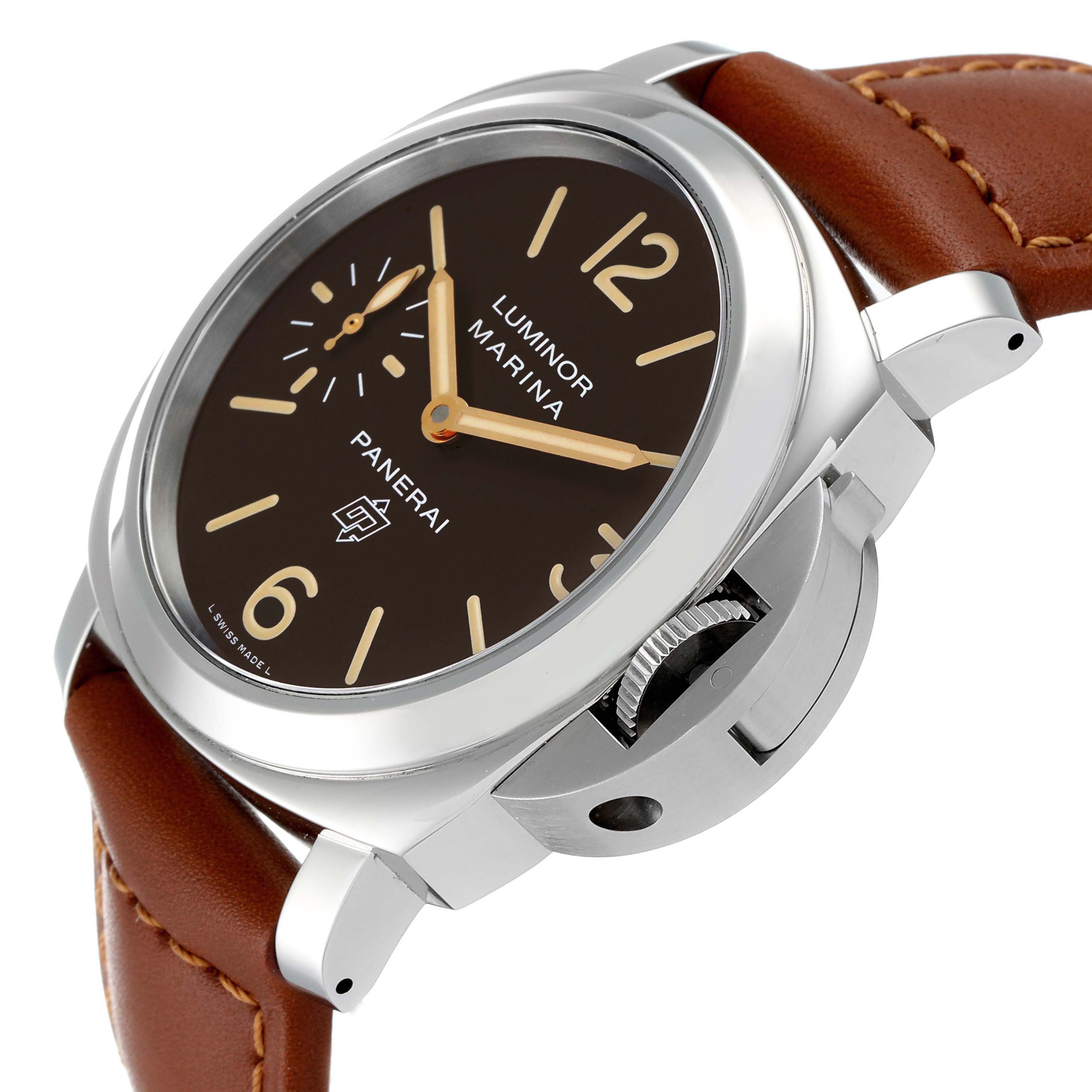This image shows a Panerai Luminor PAM00632 Men
s Stainless Steel Brown Dial PAM00632 Men
s Stainless Steel Brown Dial watch at an angle highlighting the dial, crown guard, and leather strap.