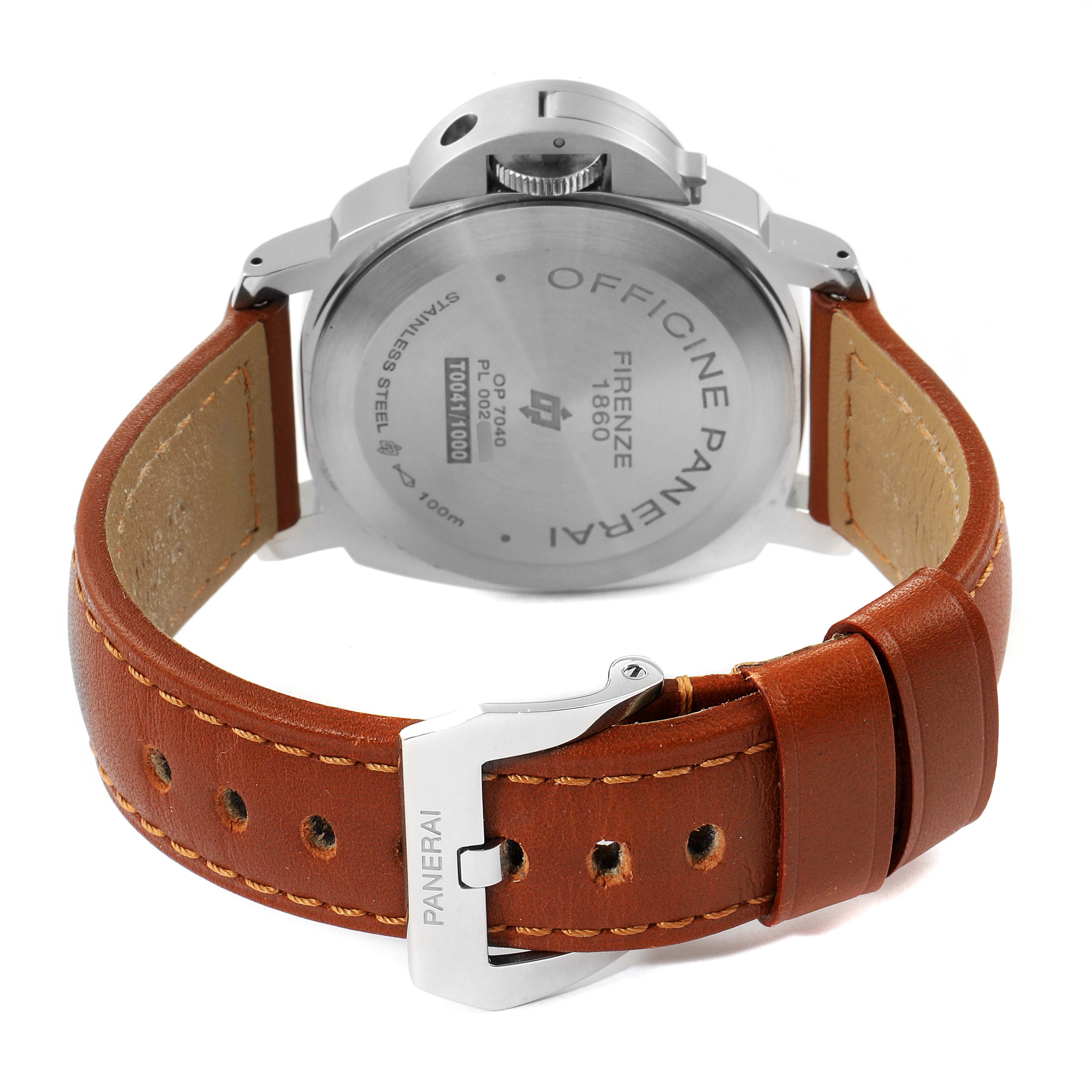 The image shows the back of a Panerai Luminor PAM00632 Men
s Stainless Steel Brown Dial PAM00632 Men
s Stainless Steel Brown Dial watch with its leather strap and buckle.