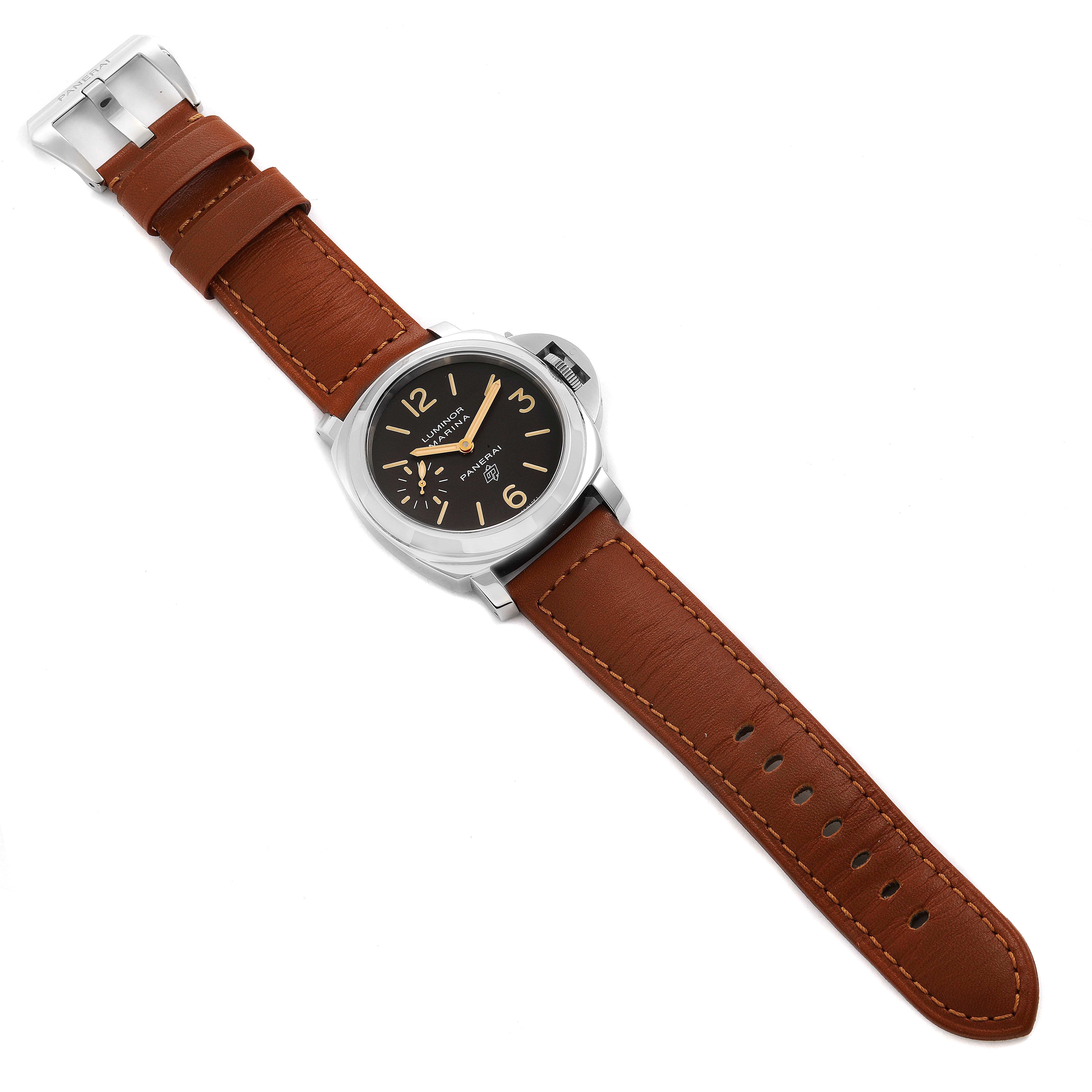 This image shows a top-down view of a Panerai Luminor PAM00632 Men
s Stainless Steel Brown Dial PAM00632 Men
s Stainless Steel Brown Dial watch with a brown leather strap and black dial.