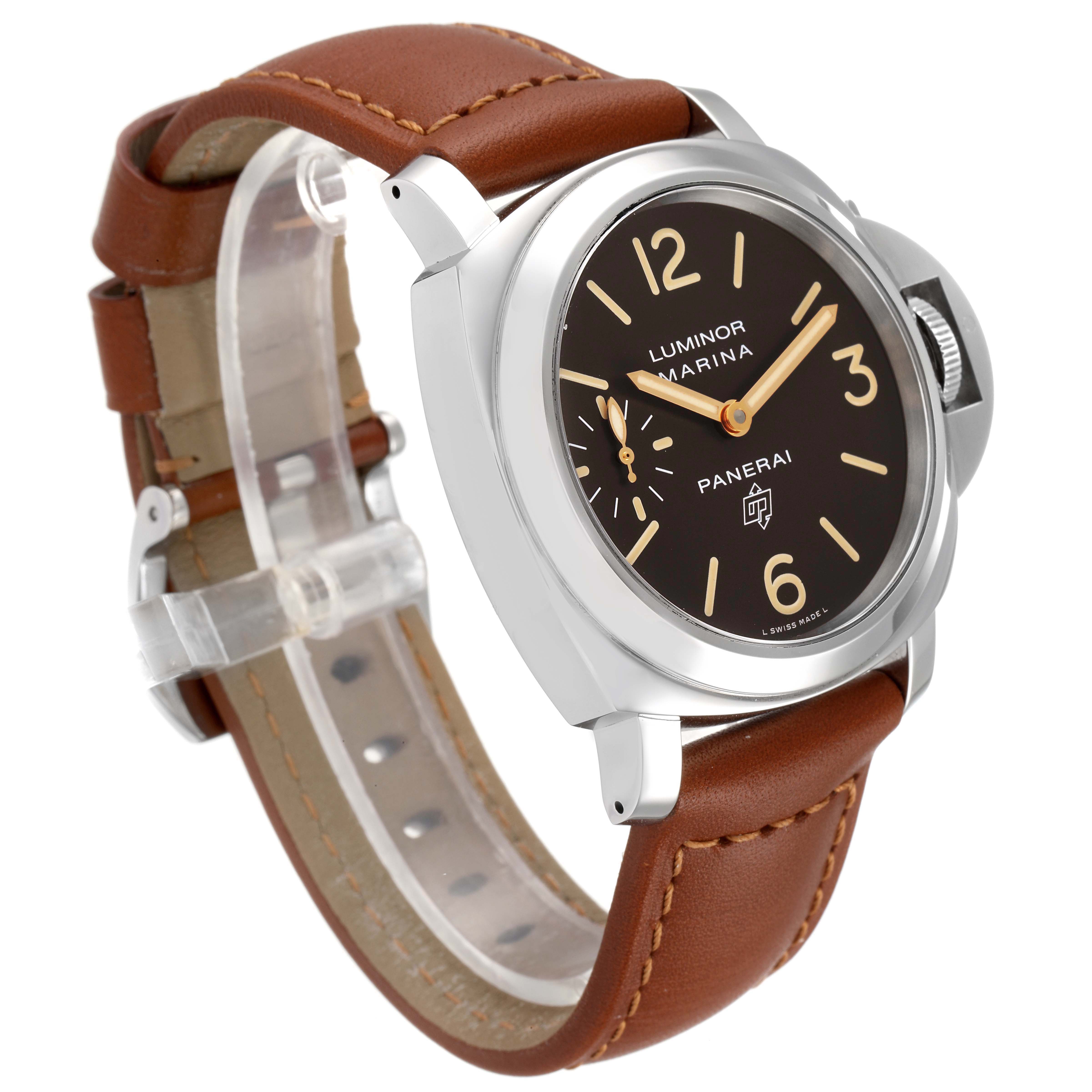 The Panerai Luminor PAM00632 Men
s Stainless Steel Brown Dial PAM00632 Men
s Stainless Steel Brown Dial watch is shown at a slight angle, highlighting the brown leather strap, watch face, and case.