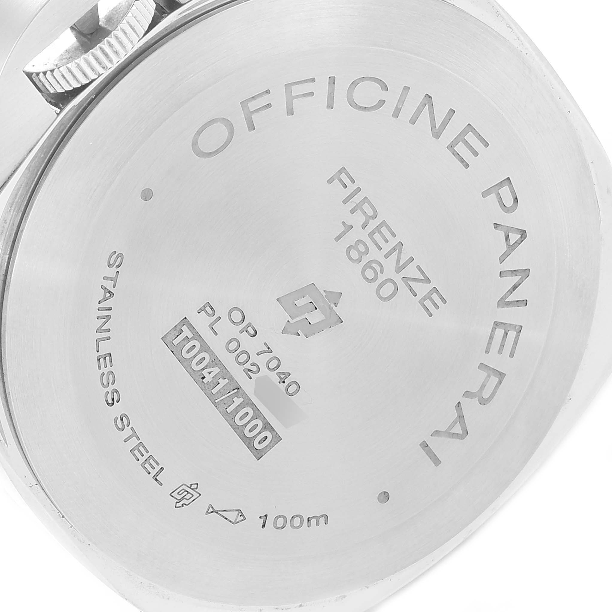 The image shows the case back of a Panerai Luminor PAM00632 Men
s Stainless Steel Brown Dial PAM00632 Men
s Stainless Steel Brown Dial watch, highlighting the engravings and specifications.