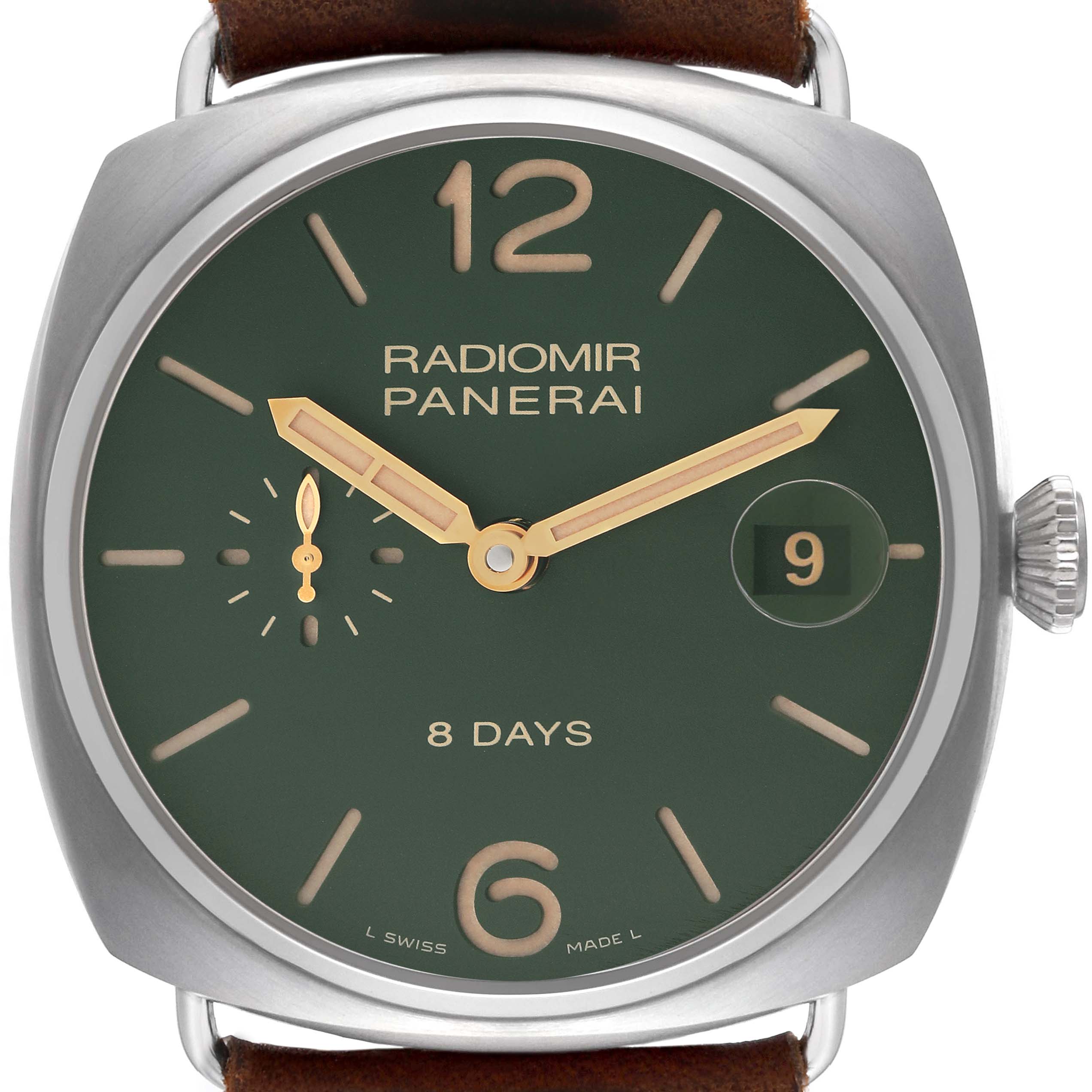 The image shows a close-up front view of the Panerai Radiomir PAM00735 Men's Titanium Green Dial PAM00735 Men's Titanium Green Dial watch, highlighting the dial, hands, and crown.
