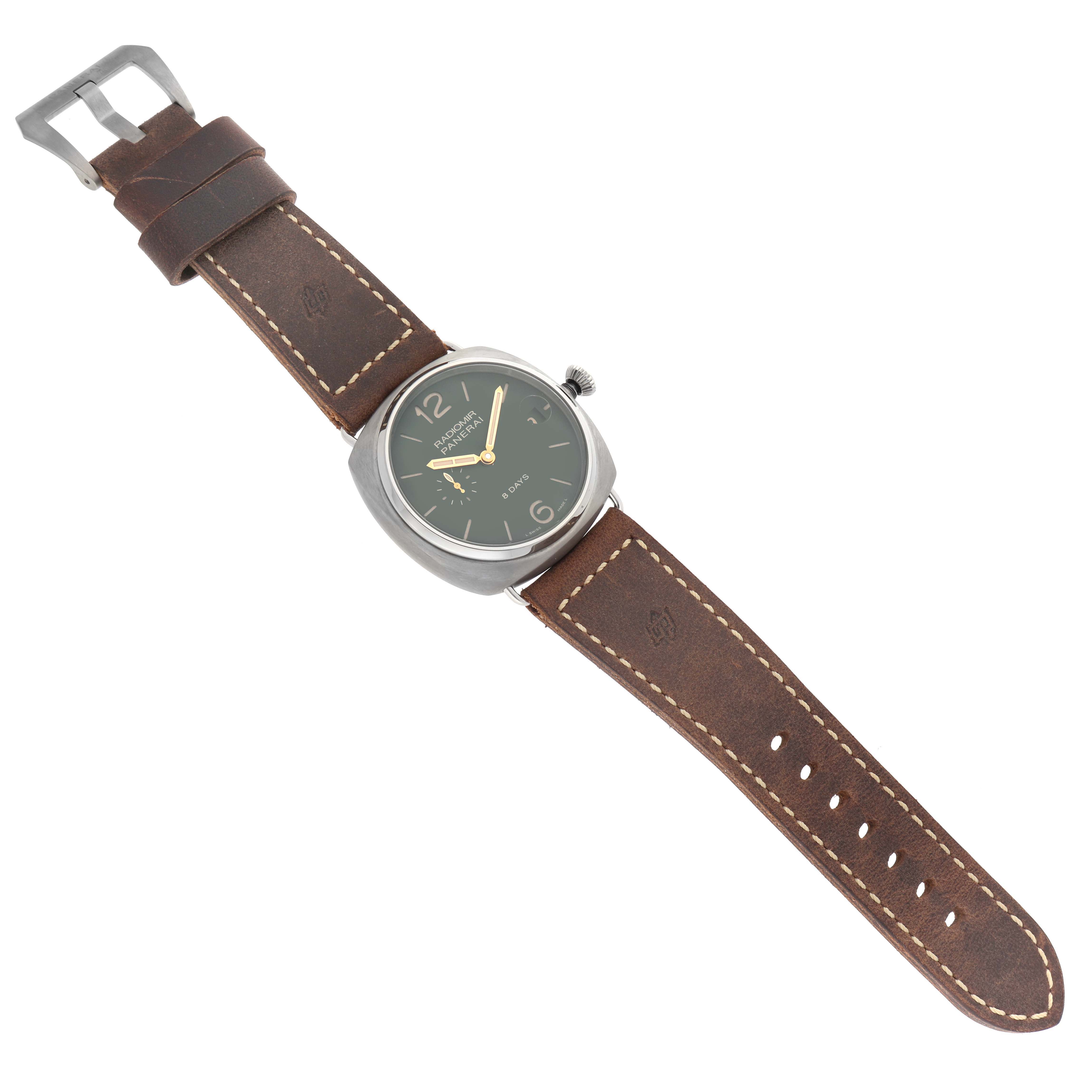 This Panerai Radiomir PAM00735 Men's Titanium Green Dial PAM00735 Men's Titanium Green Dial watch is shown from a top-down angle, displaying the face, case, crown, and leather strap with stitching.