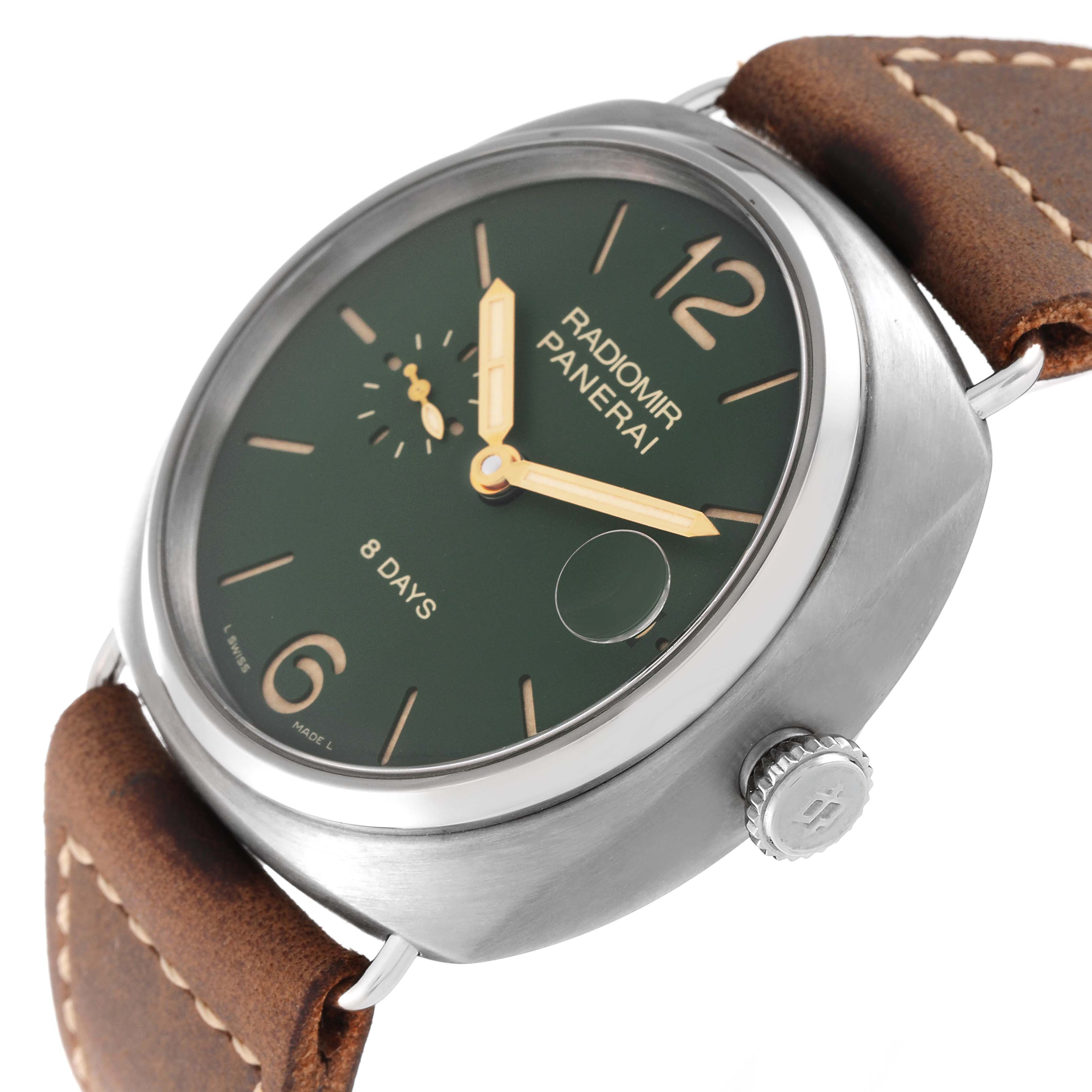 This Panerai Radiomir PAM00735 Men's Titanium Green Dial PAM00735 Men's Titanium Green Dial watch is shown at an angle, displaying its green dial, leather strap, and side crown.