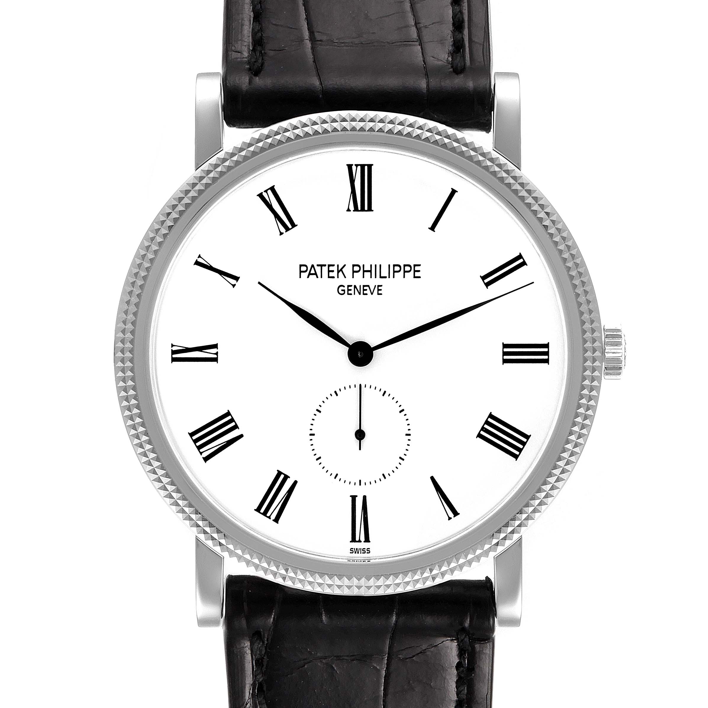 The image shows a frontal view of the Patek Philippe Calatrava 5119G Men's White Gold White Dial 5119G Men's White Gold White Dial watch, displaying the dial, hands, and leather strap.