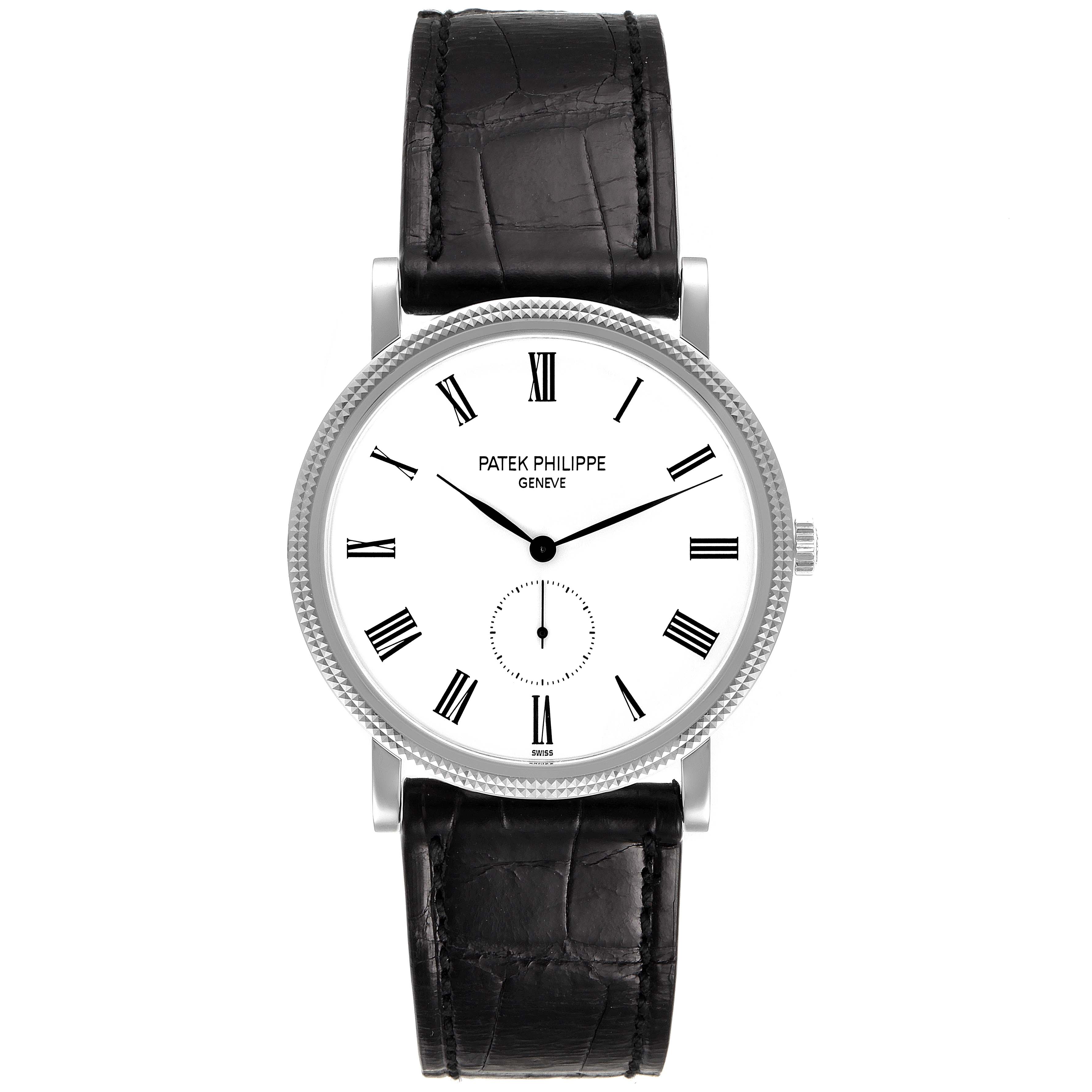 This image shows a front view of the Patek Philippe Calatrava 5119G Men's White Gold White Dial 5119G Men's White Gold White Dial watch with a black leather strap and white dial.