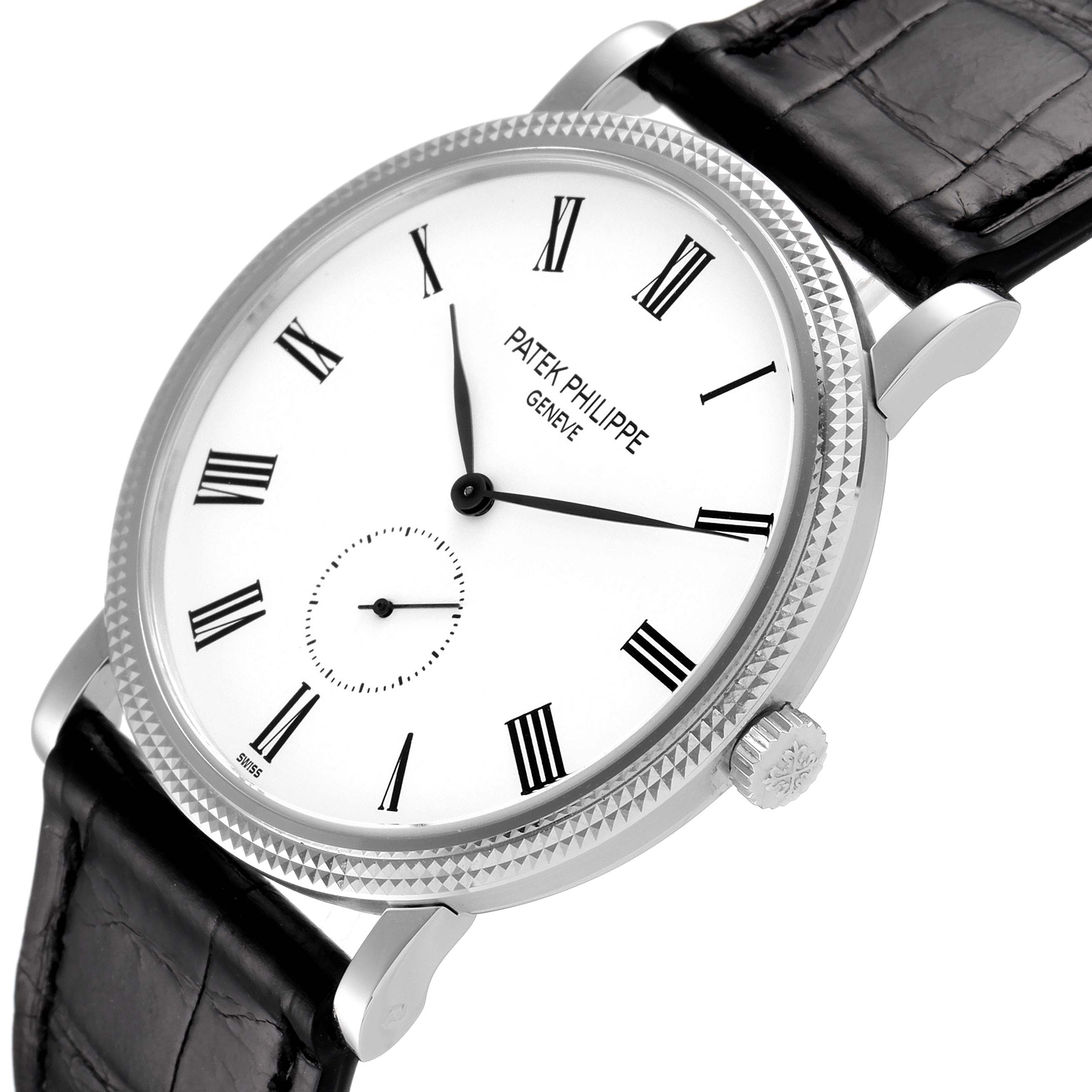 This image shows a Patek Philippe Calatrava 5119G Men's White Gold White Dial 5119G Men's White Gold White Dial watch at an angle highlighting the dial, bezel, crown, and leather strap.