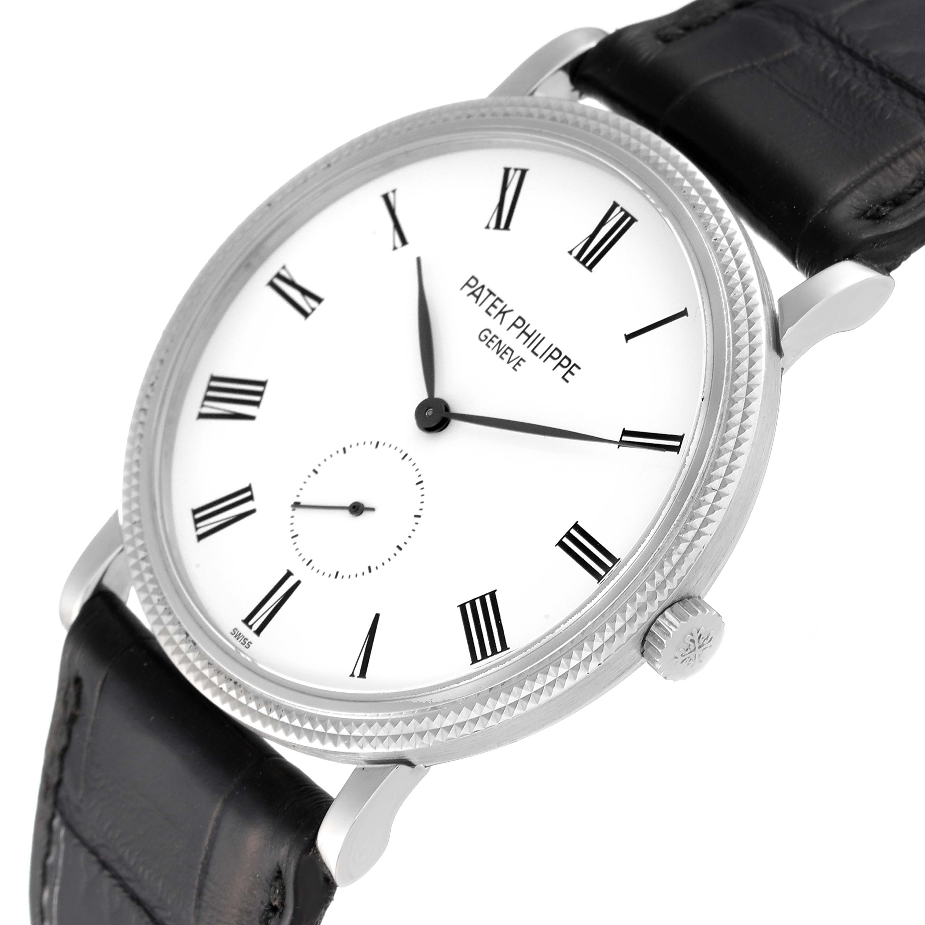 The image shows a Patek Philippe Calatrava 5119G Men's White Gold White Dial 5119G Men's White Gold White Dial watch at a three-quarter angle, displaying the dial, bezel, crown, and strap.