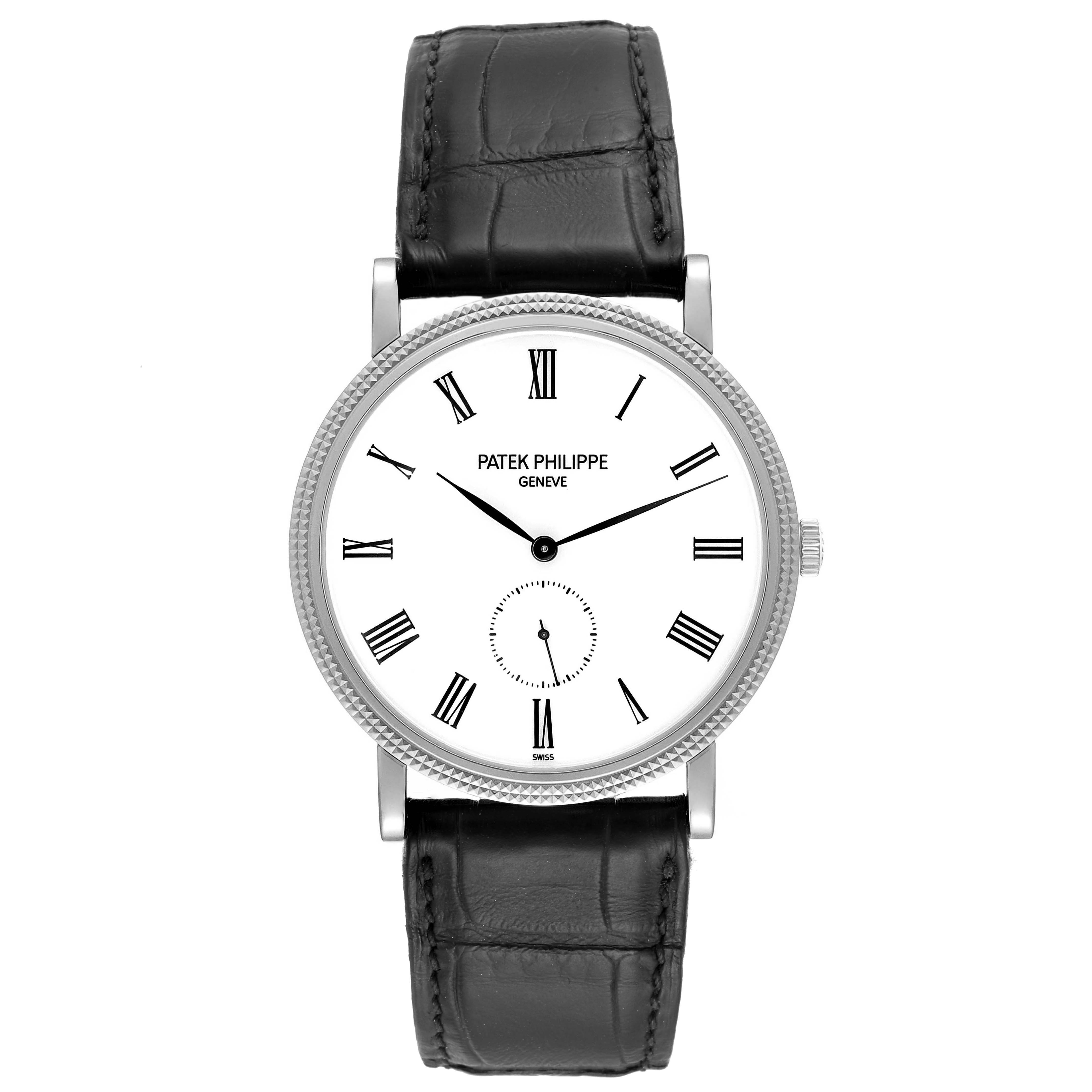 The image shows a front view of a Patek Philippe Calatrava 5119G Men's White Gold White Dial 5119G Men's White Gold White Dial watch with a white dial, black leather strap, and Roman numeral indices.