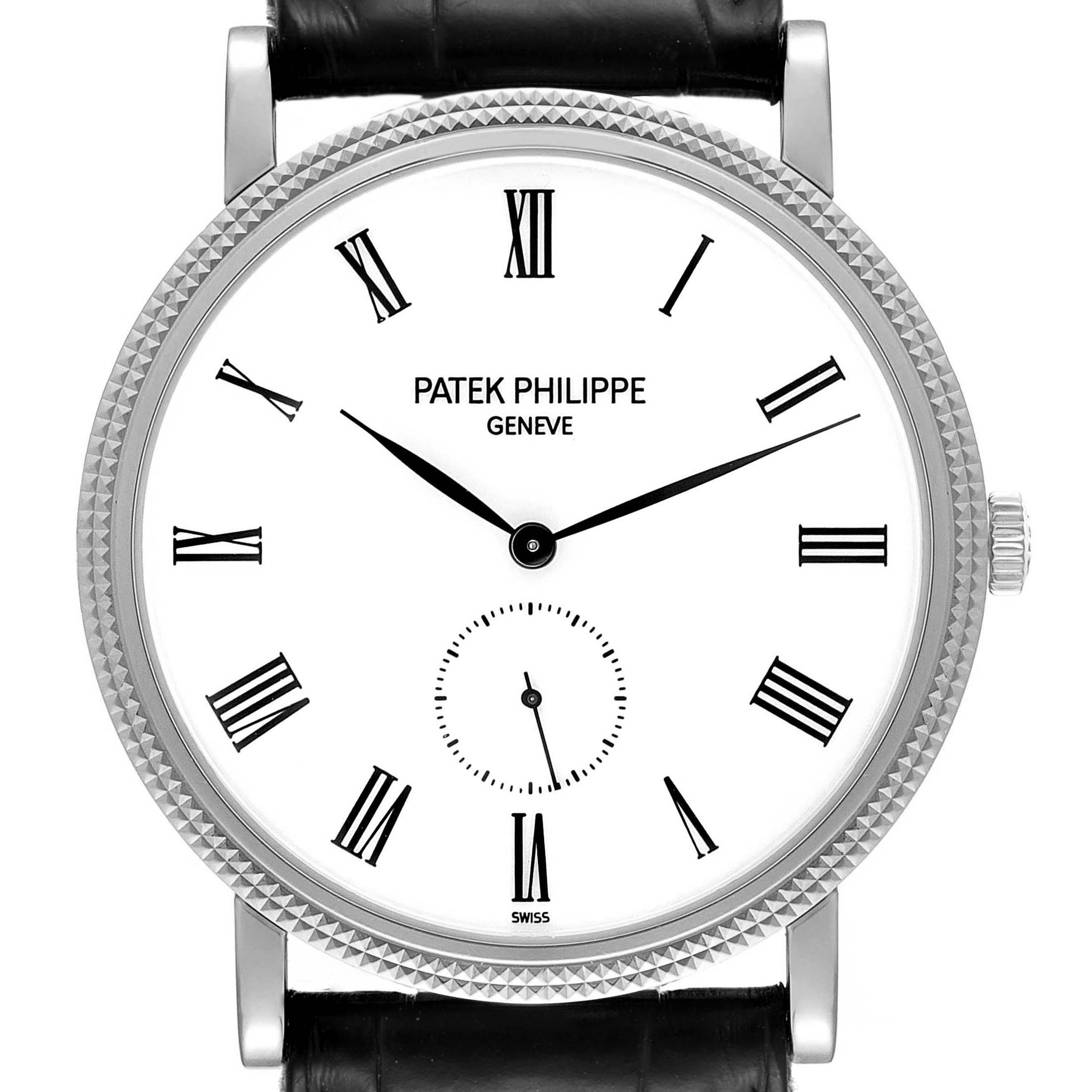 The image shows a front view of the Patek Philippe Calatrava 5119G Men's White Gold White Dial 5119G Men's White Gold White Dial watch, highlighting the white dial with Roman numerals and black leather strap.