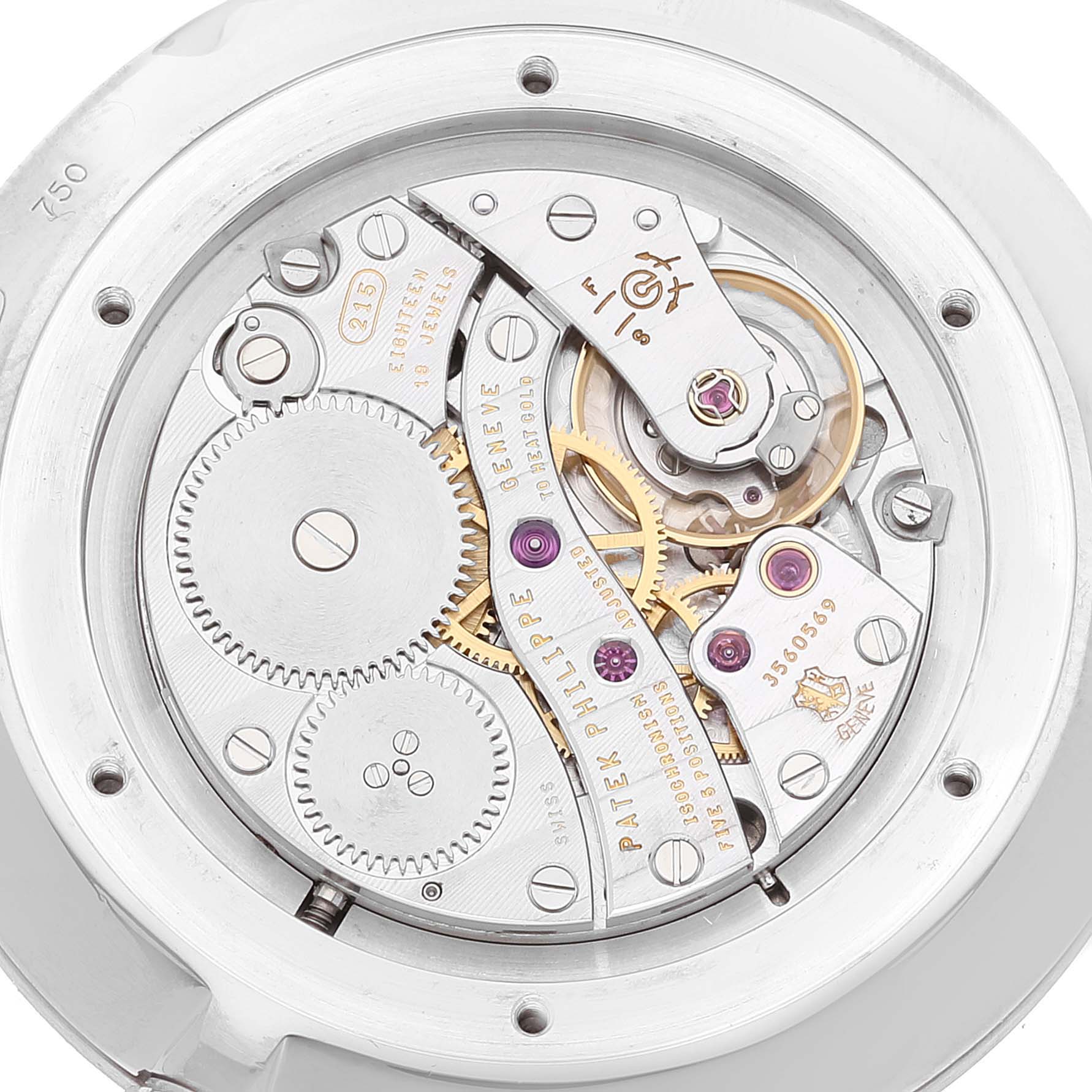 The image shows the intricate movement mechanism of a Patek Philippe Calatrava 5119G Men's White Gold White Dial 5119G Men's White Gold White Dial watch from a rear angle.