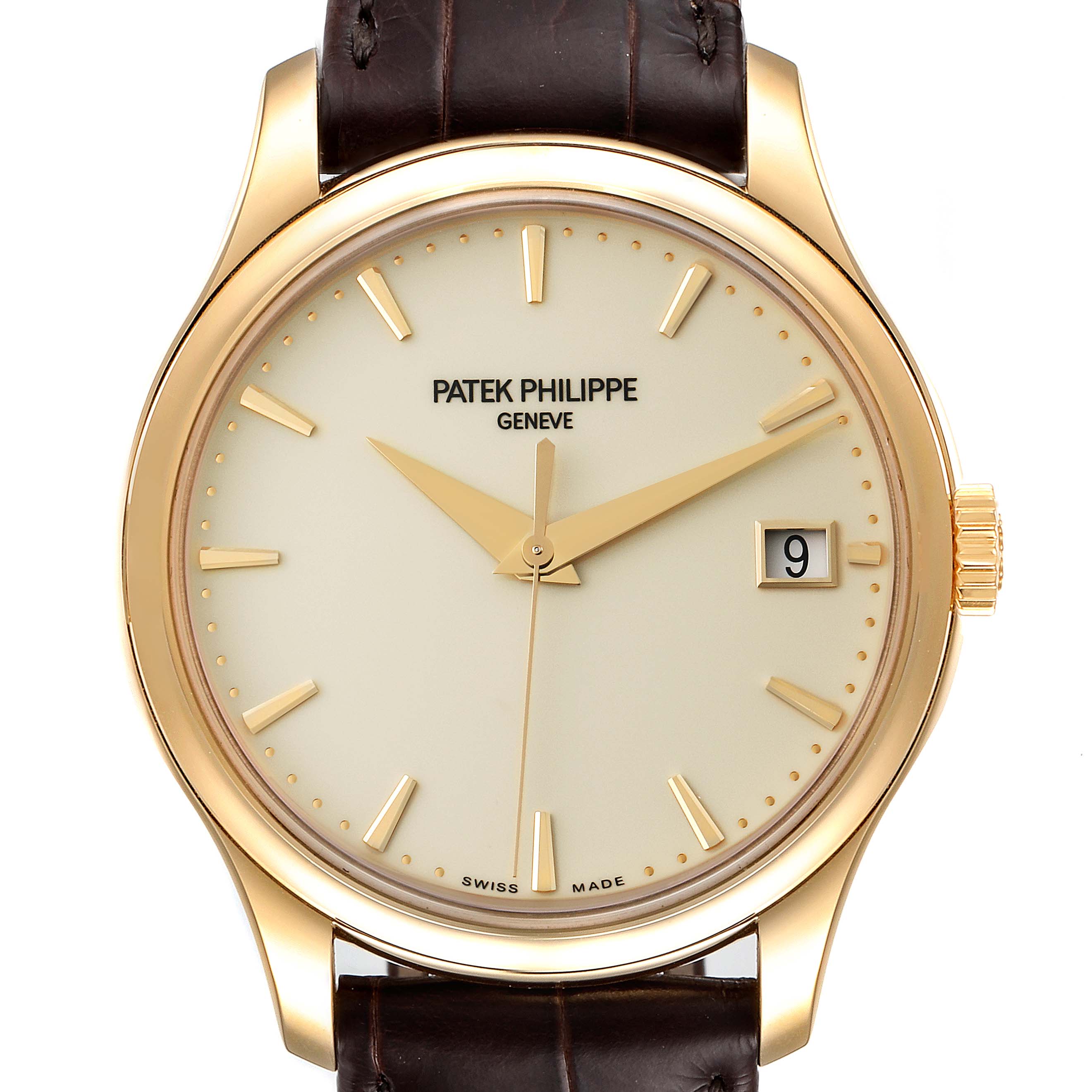 The image shows a frontal view of a Patek Philippe Calatrava 5227J-001 Men's Yellow Gold Beige Dial 5227J-001 Men's Yellow Gold Beige Dial watch, featuring its dial, hands, date window, and part of the leather strap.