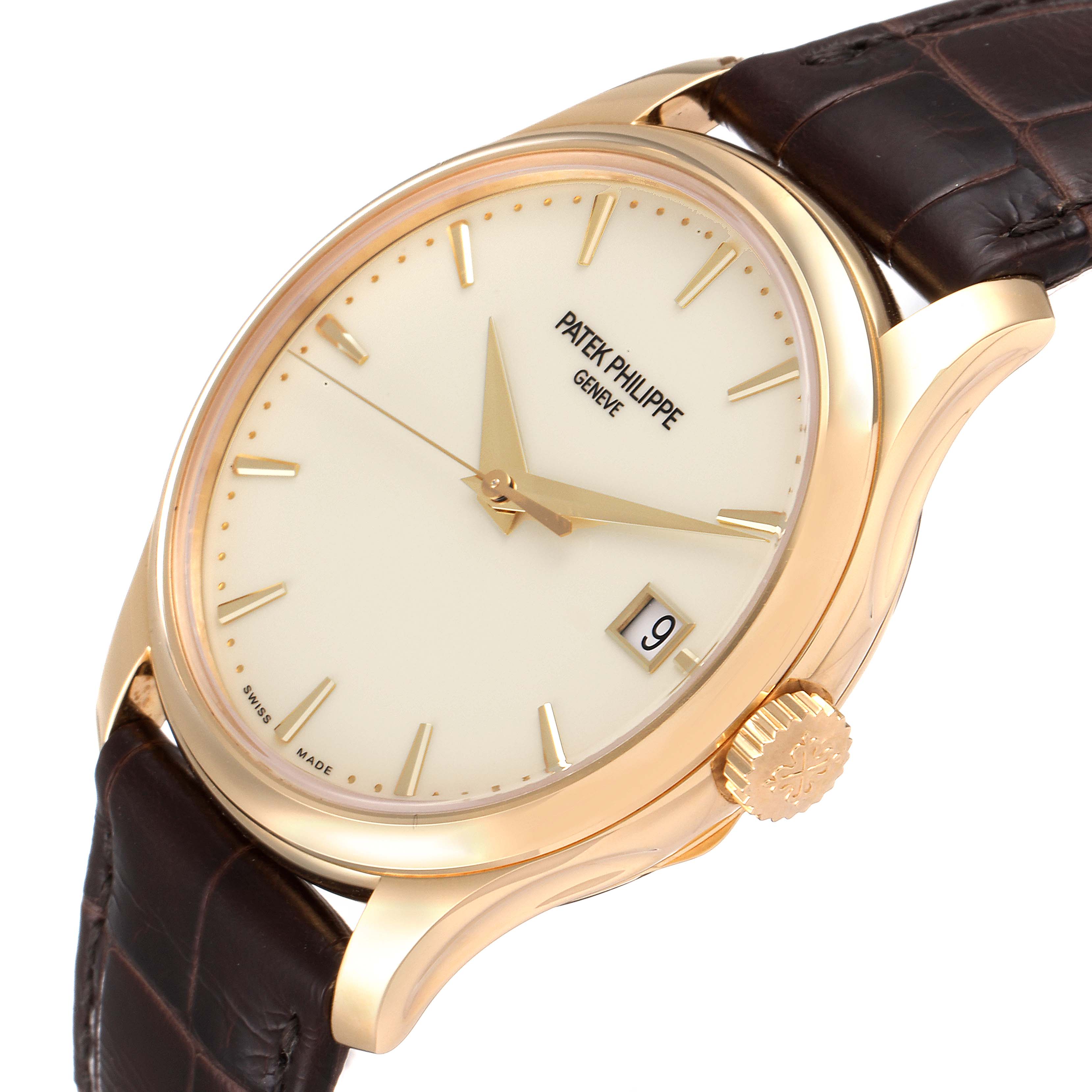 The image shows a Patek Philippe Calatrava 5227J-001 Men's Yellow Gold Beige Dial 5227J-001 Men's Yellow Gold Beige Dial watch at a slight angle, highlighting the dial, gold case, crown, and leather strap.