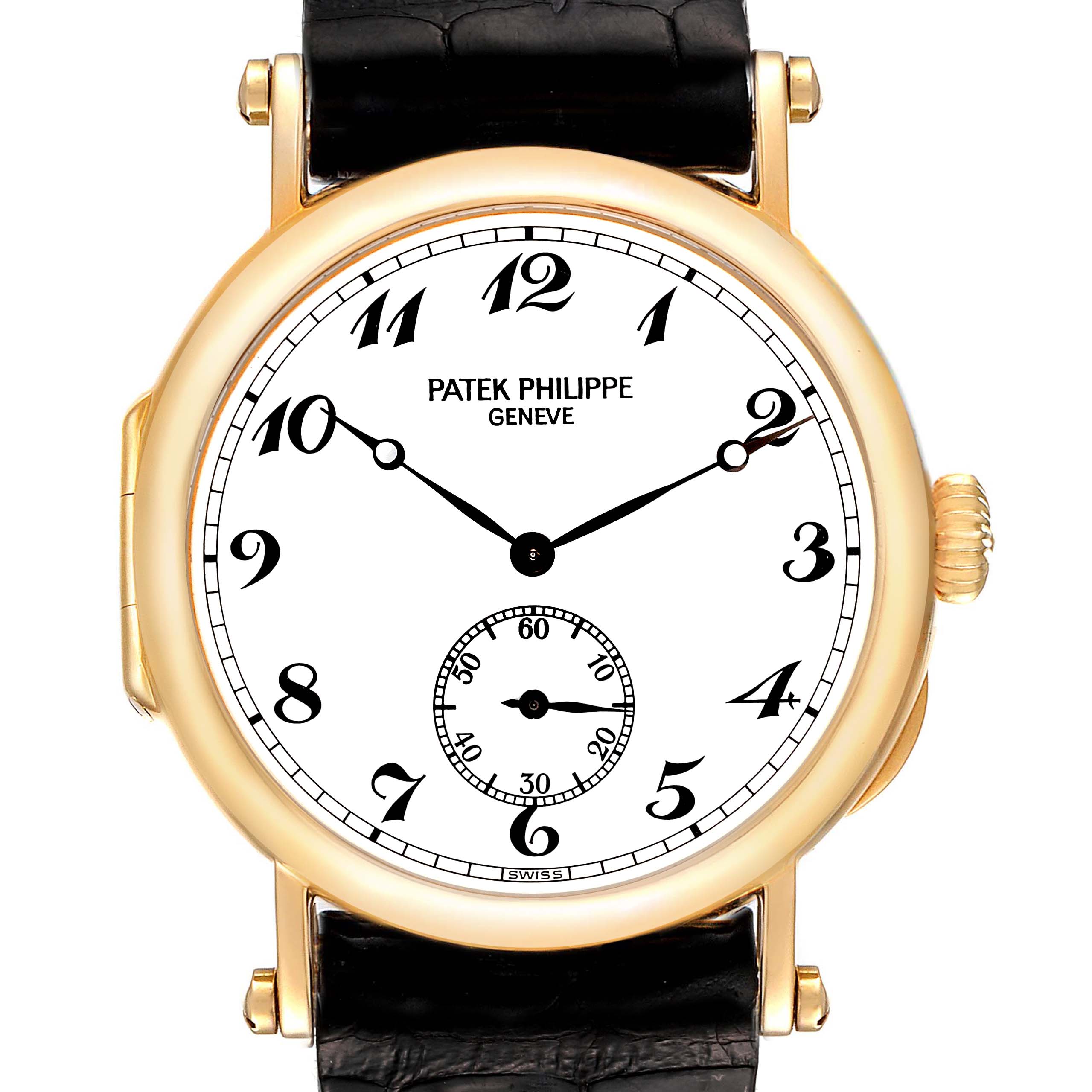 The image shows a frontal view of the Patek Philippe Calatrava 3960J Men's Yellow Gold White Dial 3960J Men's Yellow Gold White Dial watch, featuring the dial and part of the leather strap.