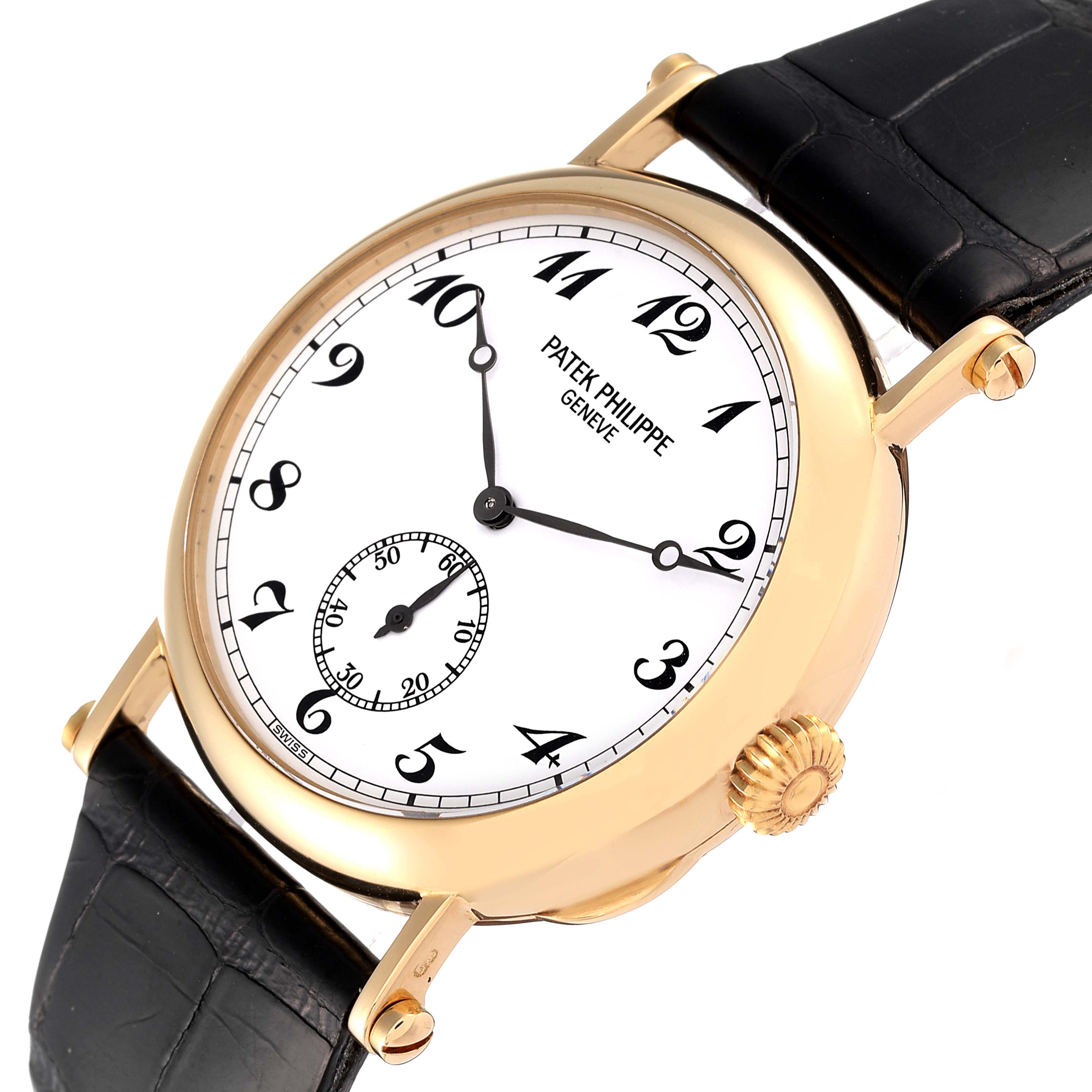 The Patek Philippe Calatrava 3960J Men's Yellow Gold White Dial 3960J Men's Yellow Gold White Dial watch is shown at an angle, highlighting its face, black leather strap, and crown.