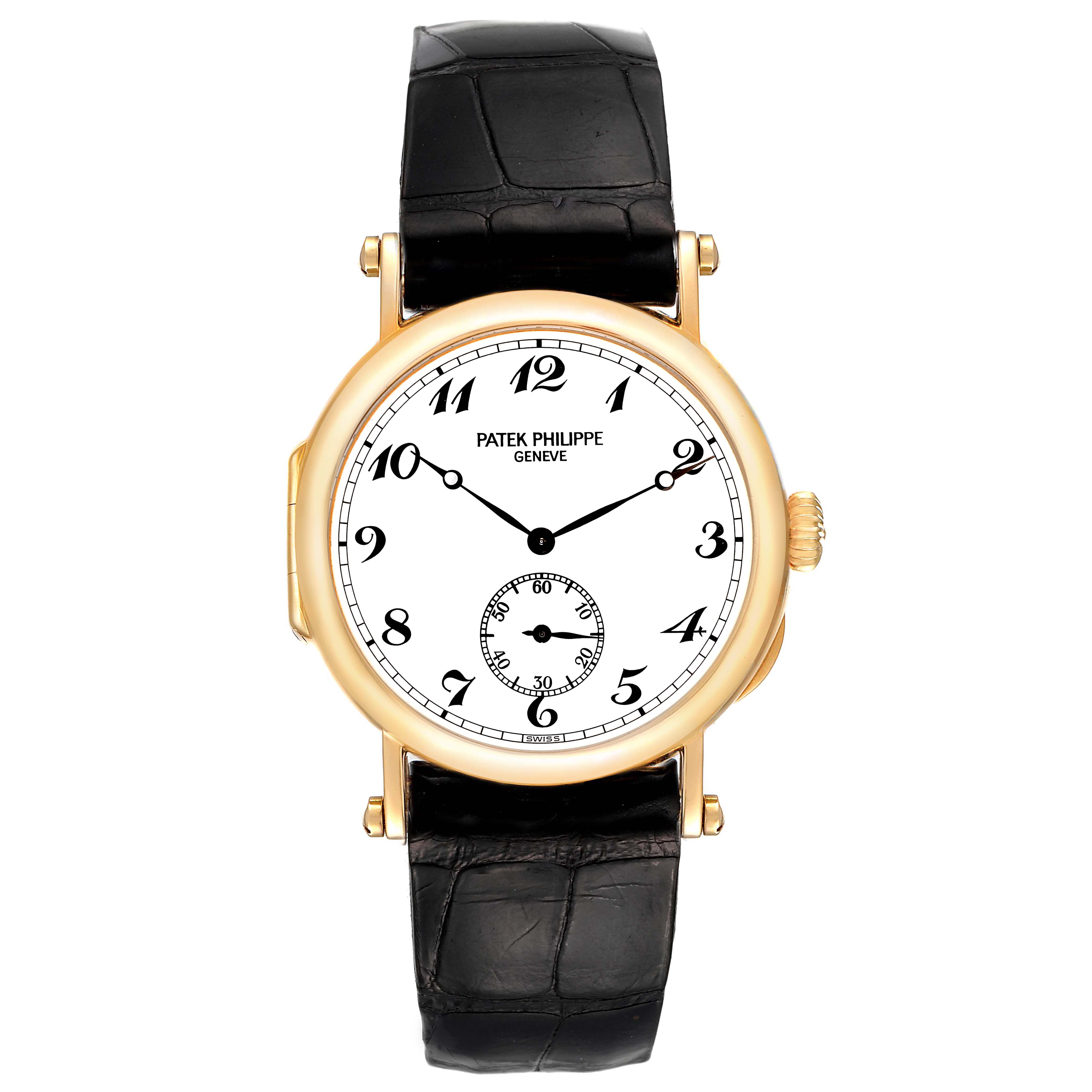 The Patek Philippe Calatrava 3960J Men's Yellow Gold White Dial 3960J Men's Yellow Gold White Dial watch is shown from a front angle, displaying its dial, hands, and leather strap.